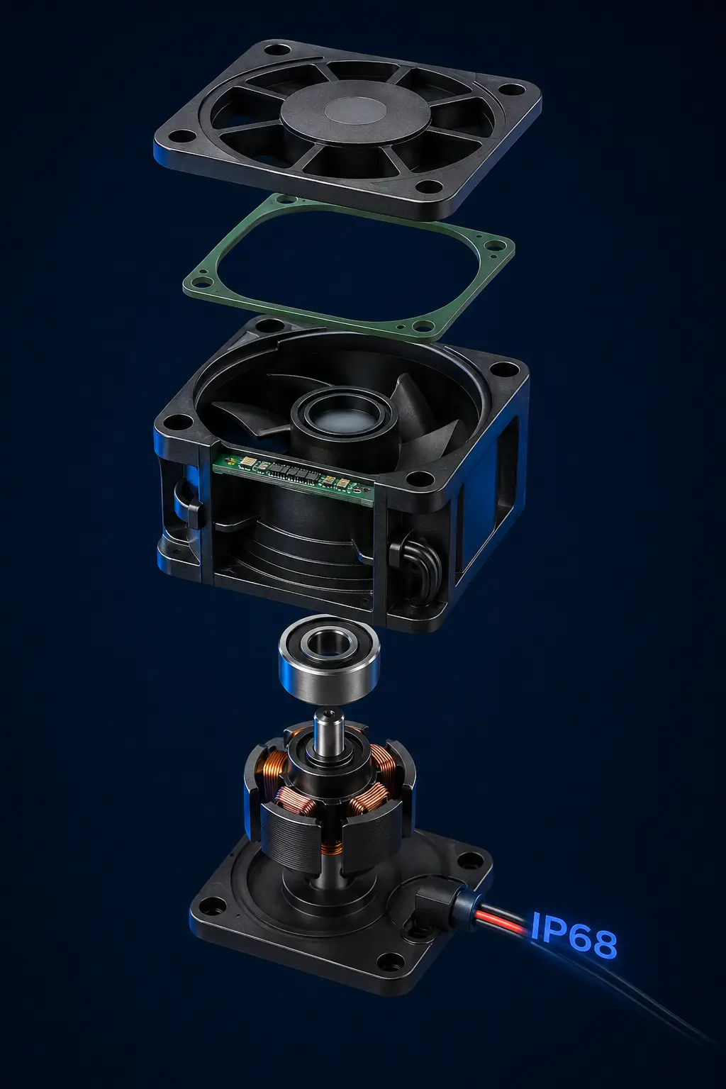 IP68 sealed fan enclosure exploded view