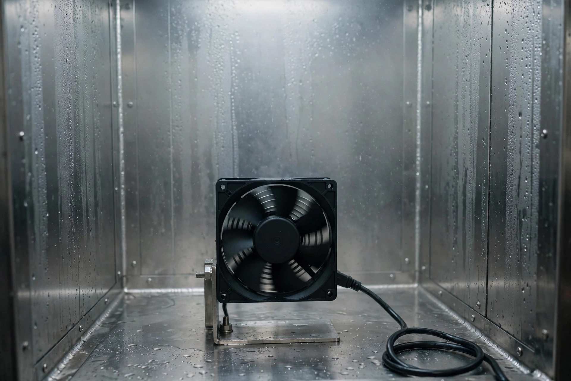 Illustrative rendering of a generic unbranded cooling fan mounted inside an environmental test chamber with condensation on the walls — not a photograph of the actual test