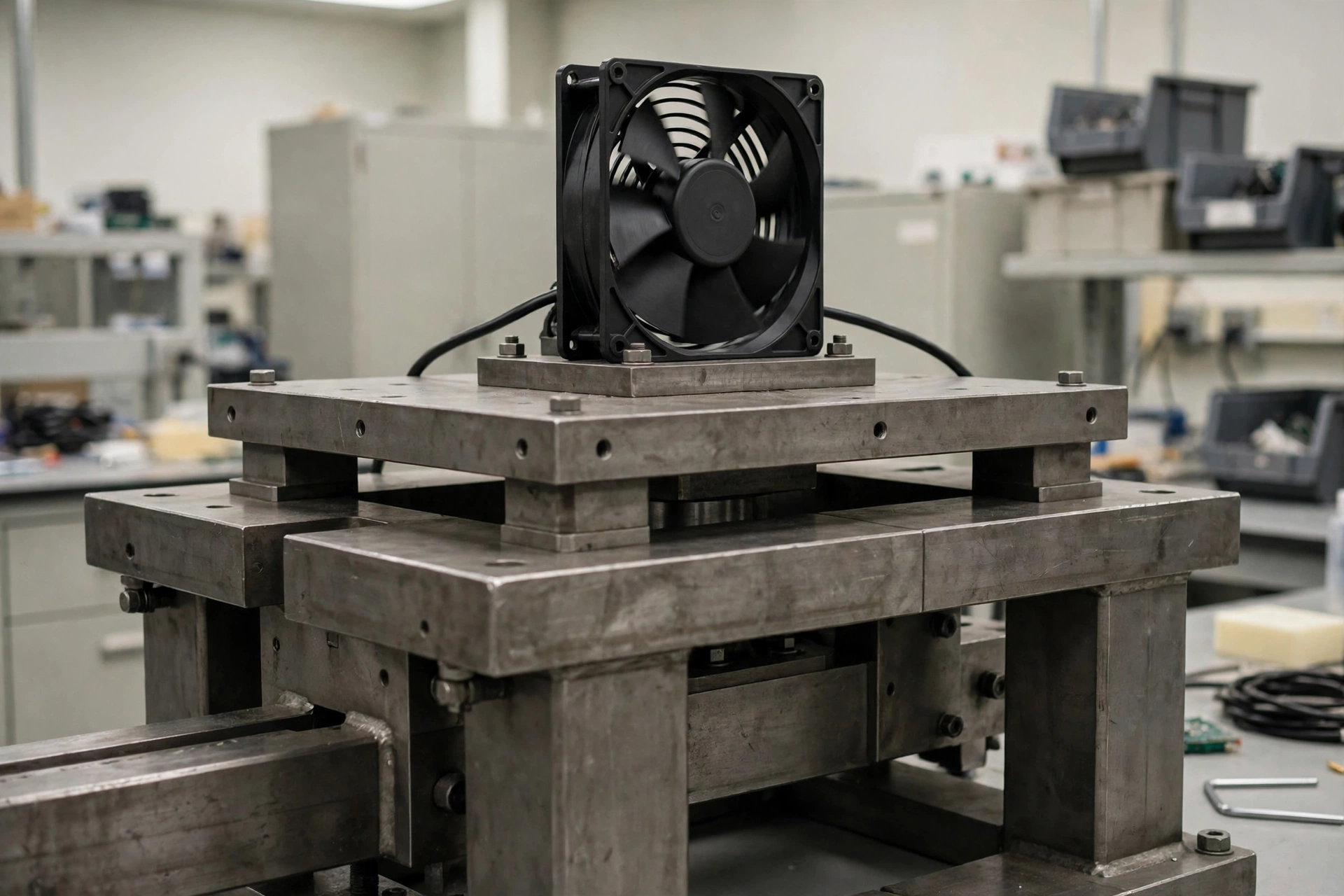 Illustrative rendering of a generic unbranded cooling fan bolted to a heavy steel shock test table in a laboratory
