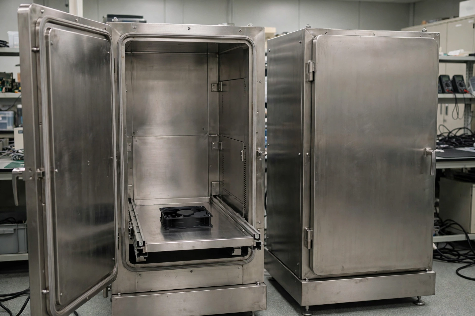 Illustrative rendering of two industrial test chambers side by side, one open with a generic unbranded cooling fan on a sliding tray