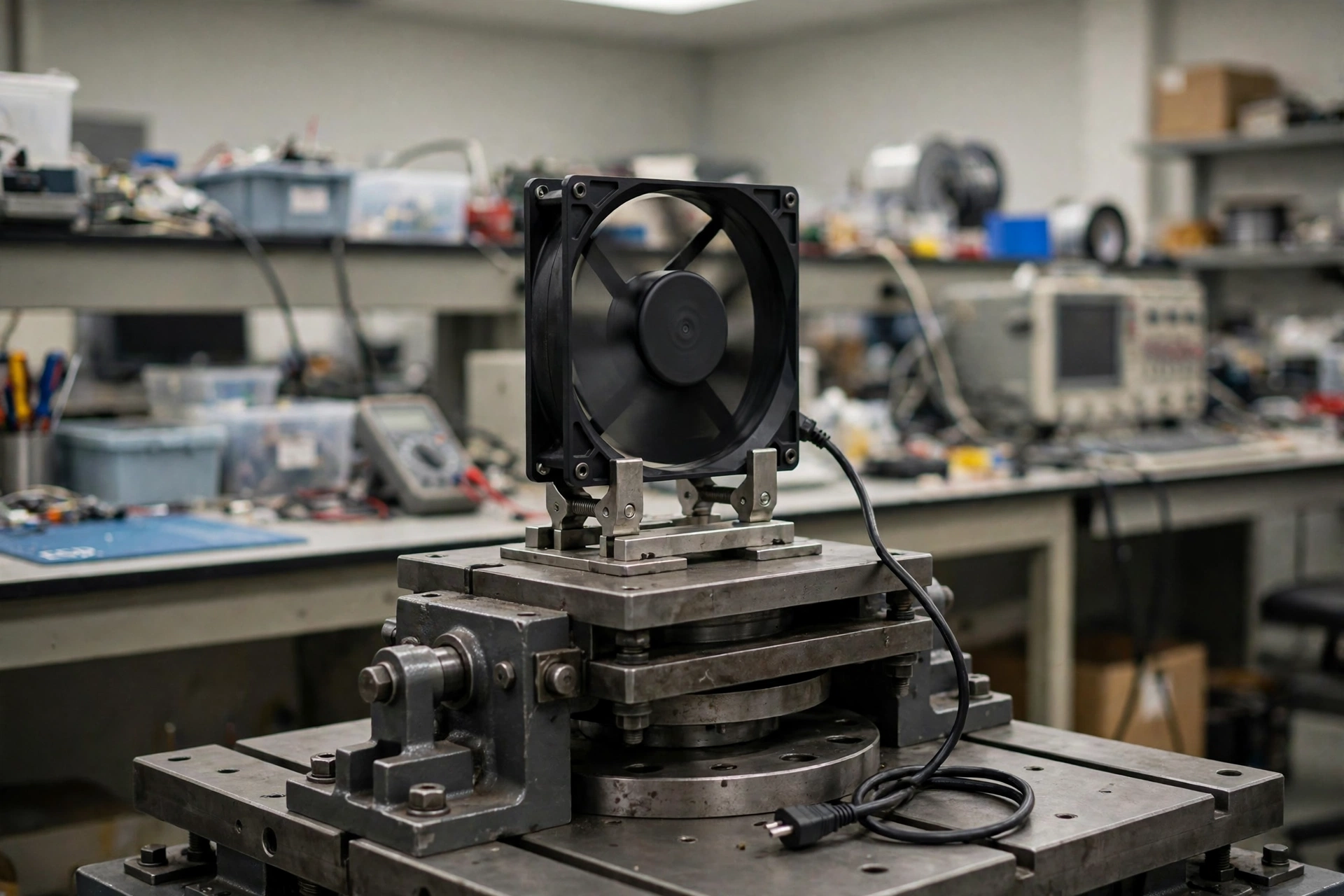 Illustrative rendering of a generic unbranded cooling fan clamped in a metal fixture on a heavy test table in a laboratory