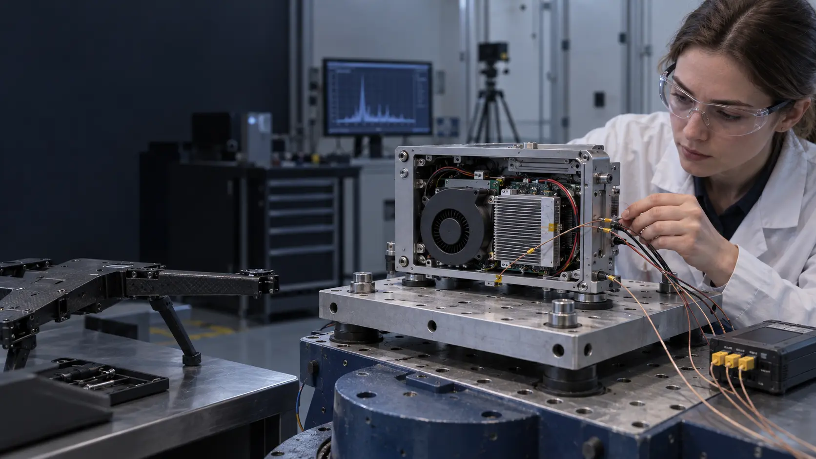 Aerospace electronics engineer testing a compact UAV cooling fan and payload enclosure on a vibration fixture