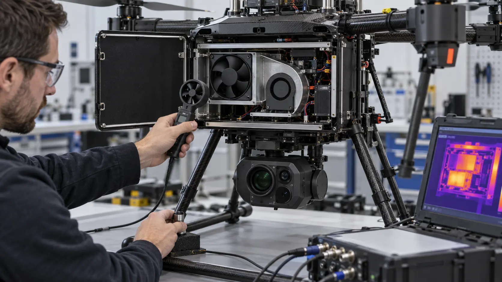 Engineer testing a compact UAV payload cooling fan with airflow and thermal instruments