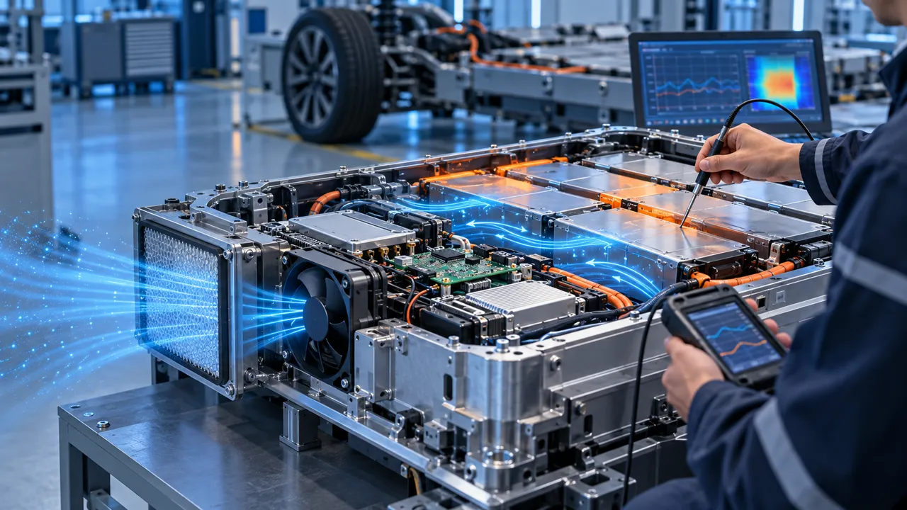 Engineer validating airflow and temperature in an EV battery pack BMS cooling enclosure