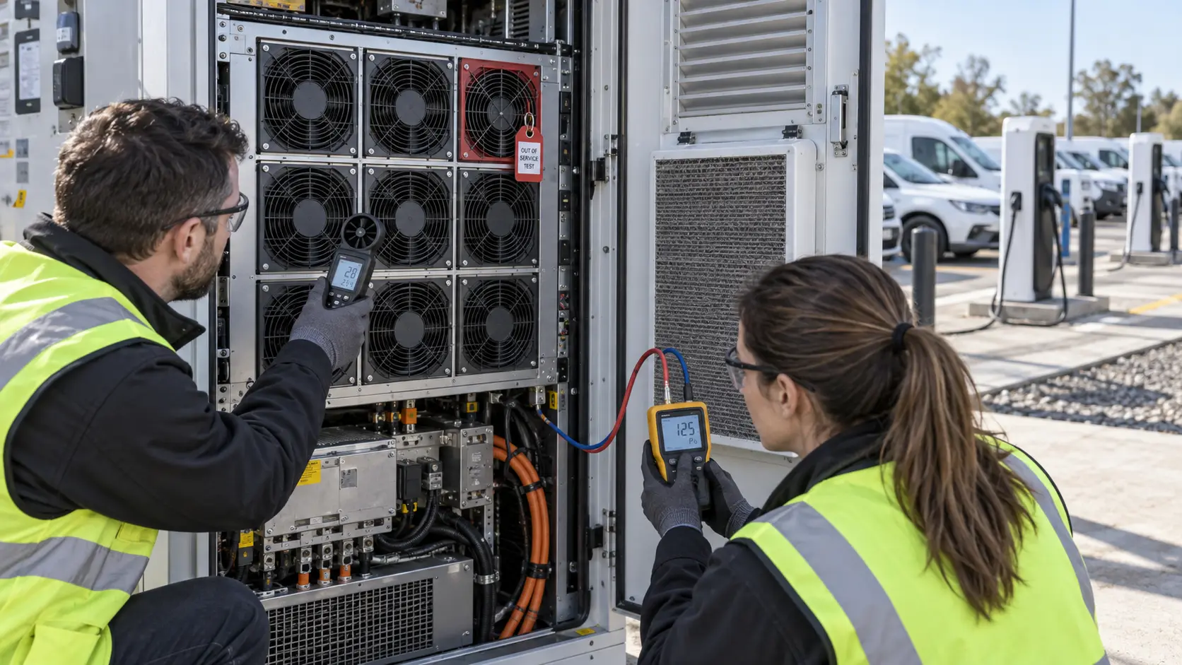 Engineers measuring a redundant cooling fan array inside an EV fast-charger power cabinet