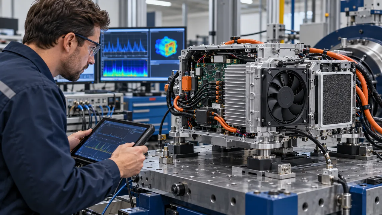 Engineer validating a cooling fan inside an EV e-Axle motor-controller test assembly