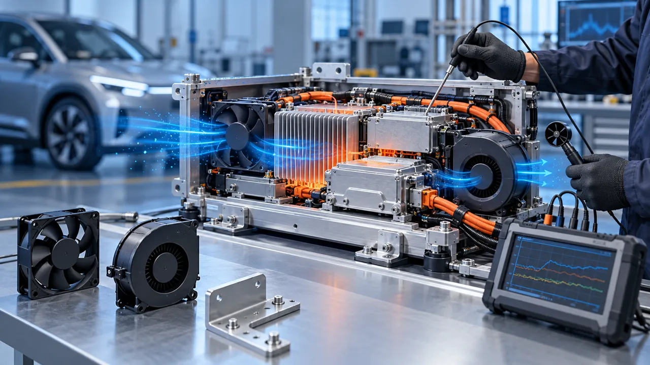 Engineer measuring airflow and temperature in a compact EV silicon-carbide inverter cooling assembly
