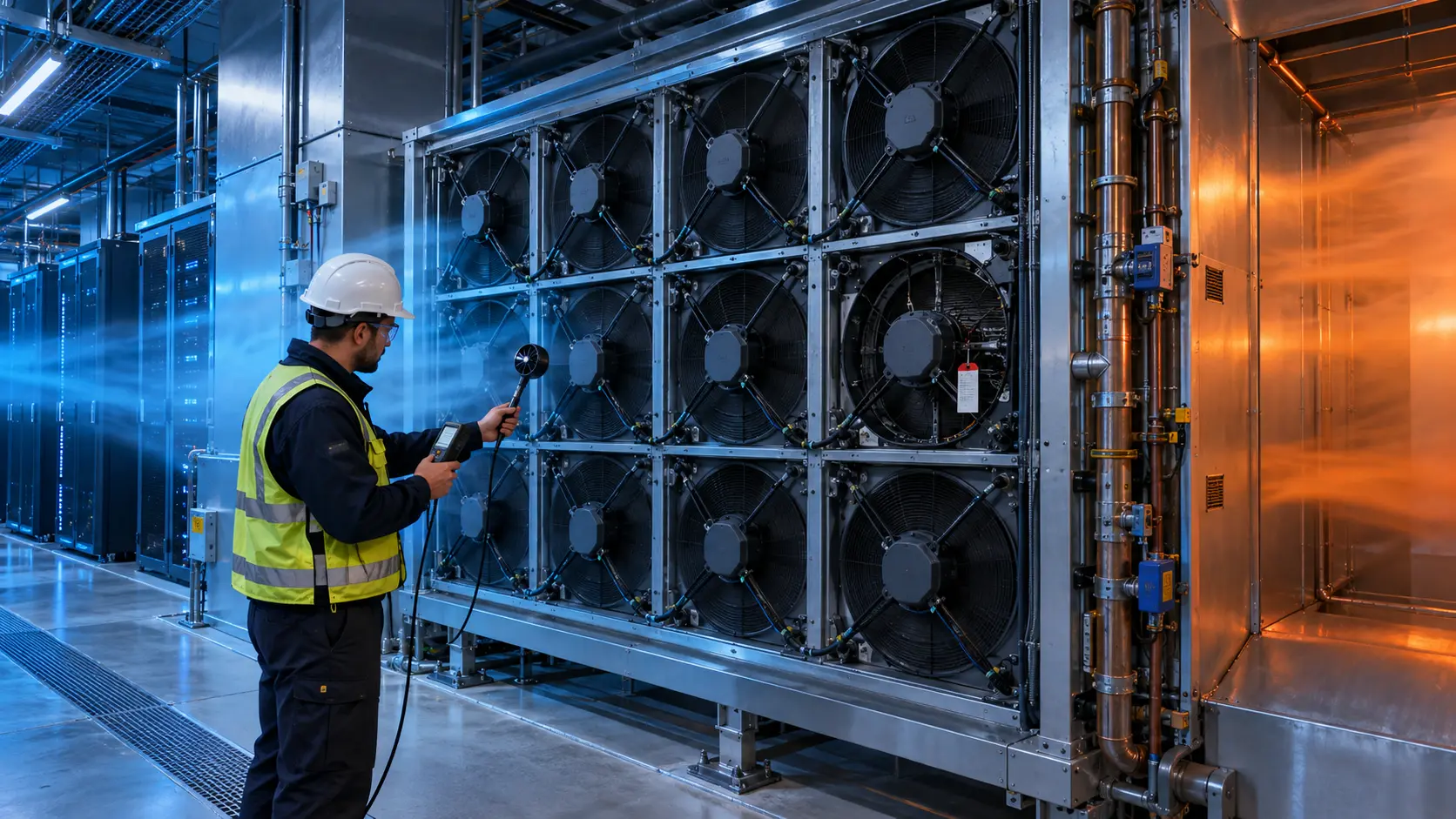 Engineer testing an AI data-center fan array with one fan isolated for reverse-flow and N plus one validation