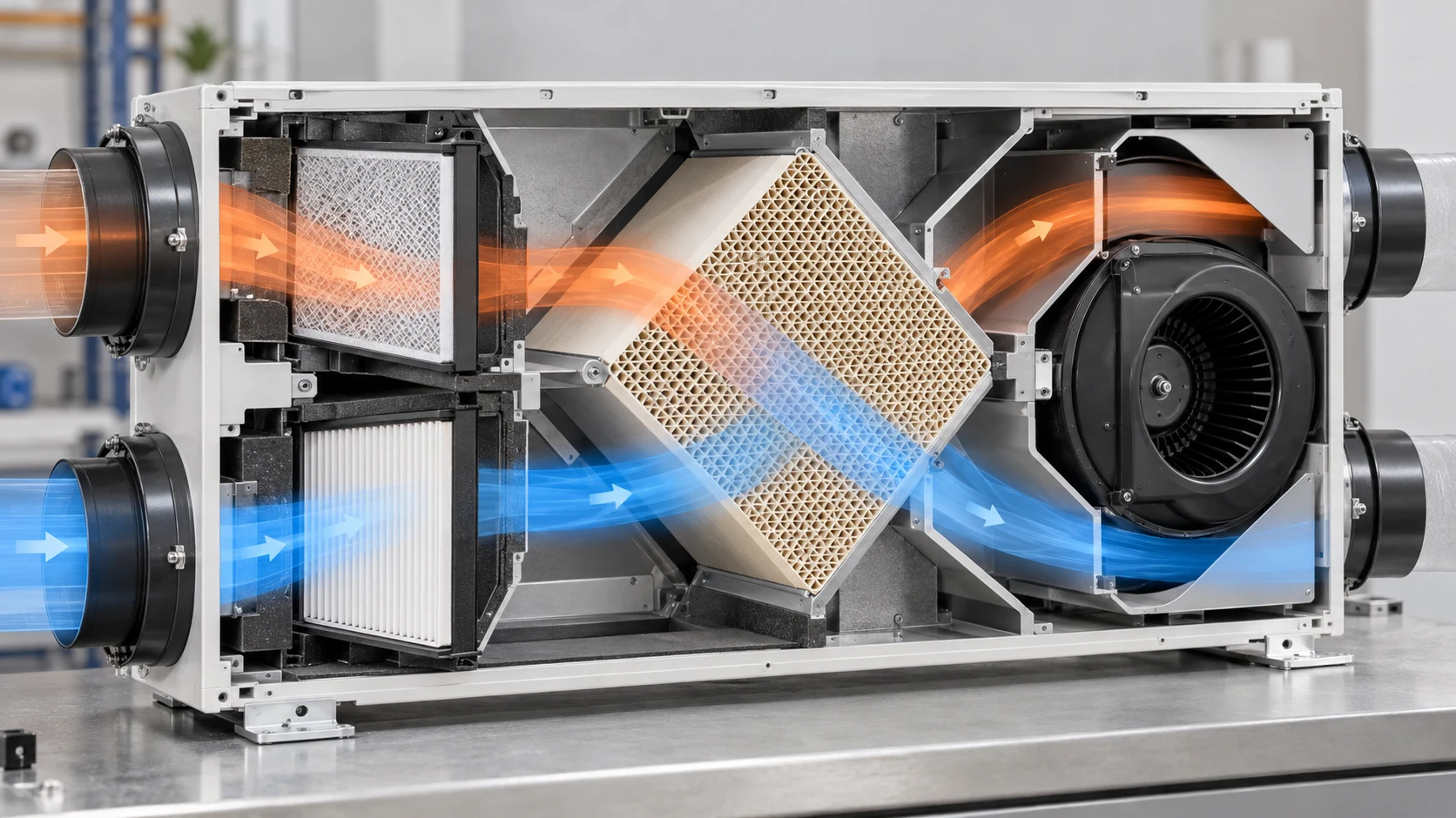 Illustrative HRV cross-section showing filters, ceramic heat exchanger and compact centrifugal blower