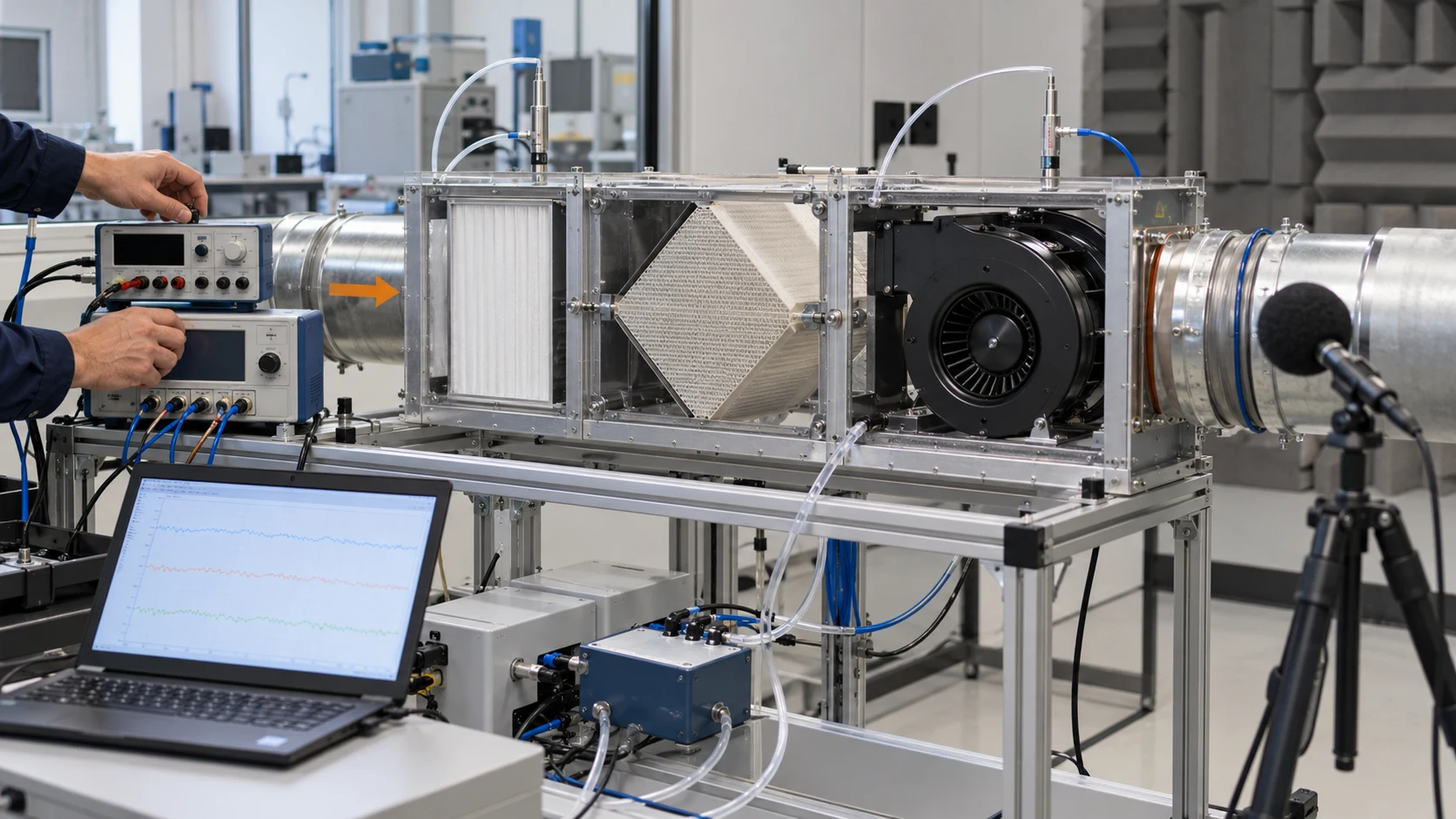 Illustrative HRV fan validation test bench with filters, ceramic core, pressure taps and acoustic instruments