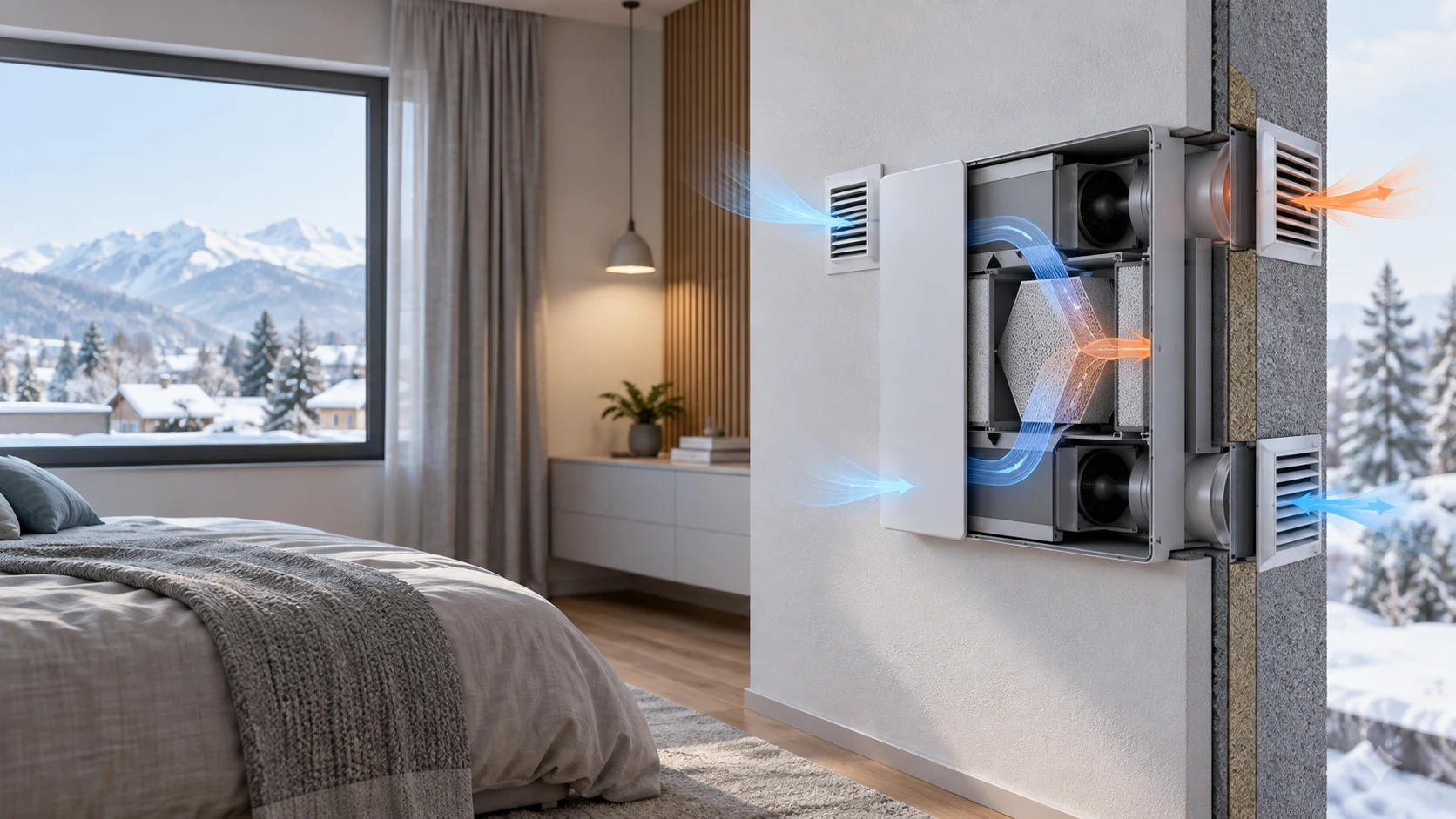Illustrative bedroom with a wall-mounted residential heat-recovery ventilation unit and airflow paths