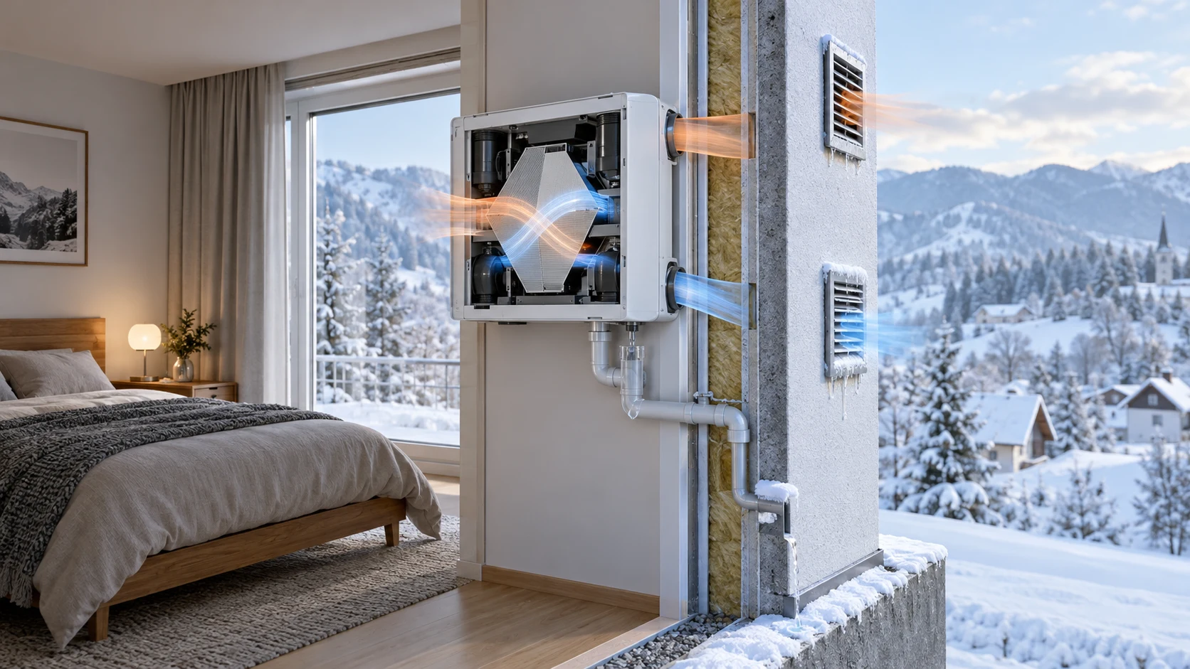 Illustrative Central European home in winter with HRV outdoor intake and exhaust grilles