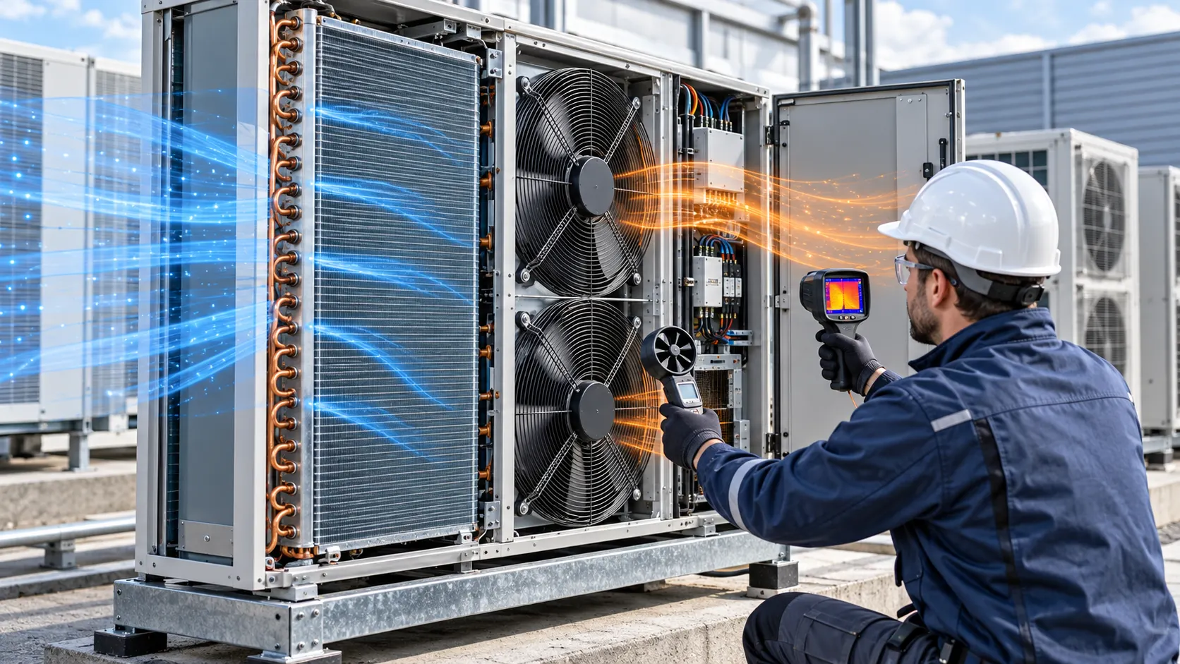 Engineer measuring airflow and heat around an open HVACR outdoor condenser unit