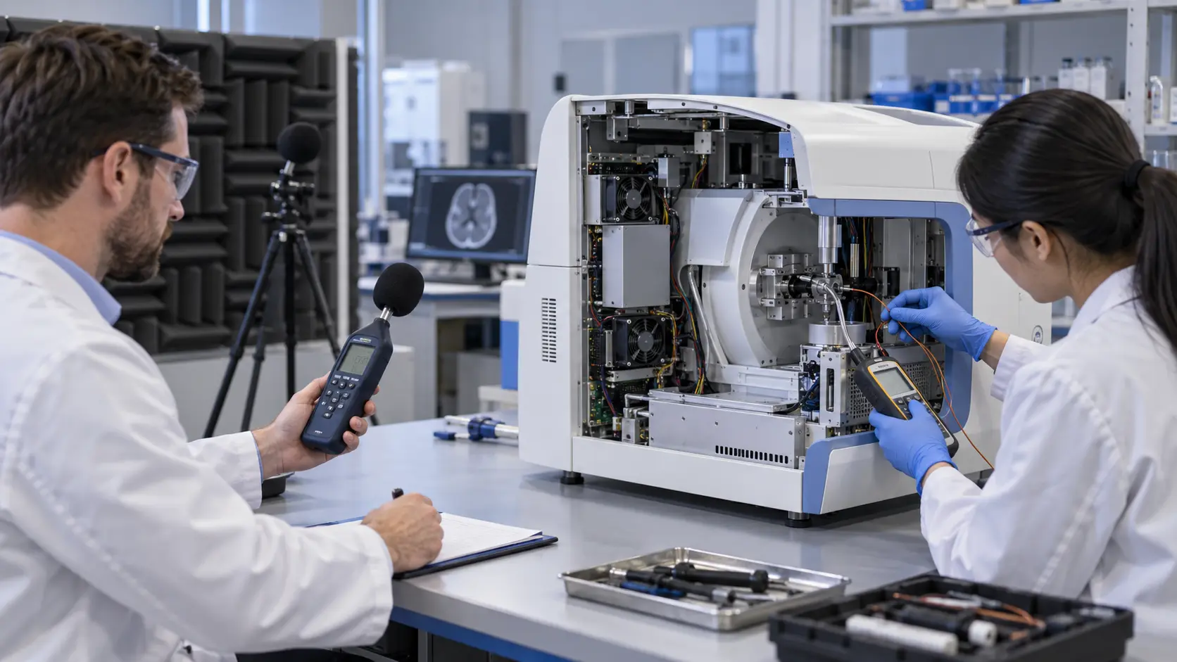 Engineers measuring acoustic noise and temperature inside a medical imaging equipment enclosure