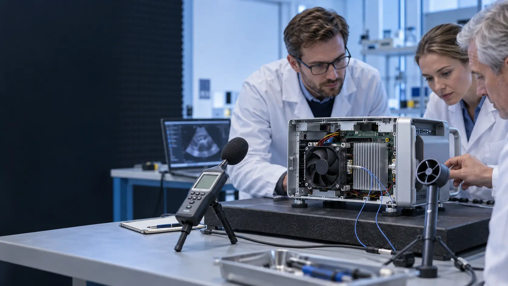 Engineer checking a compact instrument cooling fan with acoustic equipment