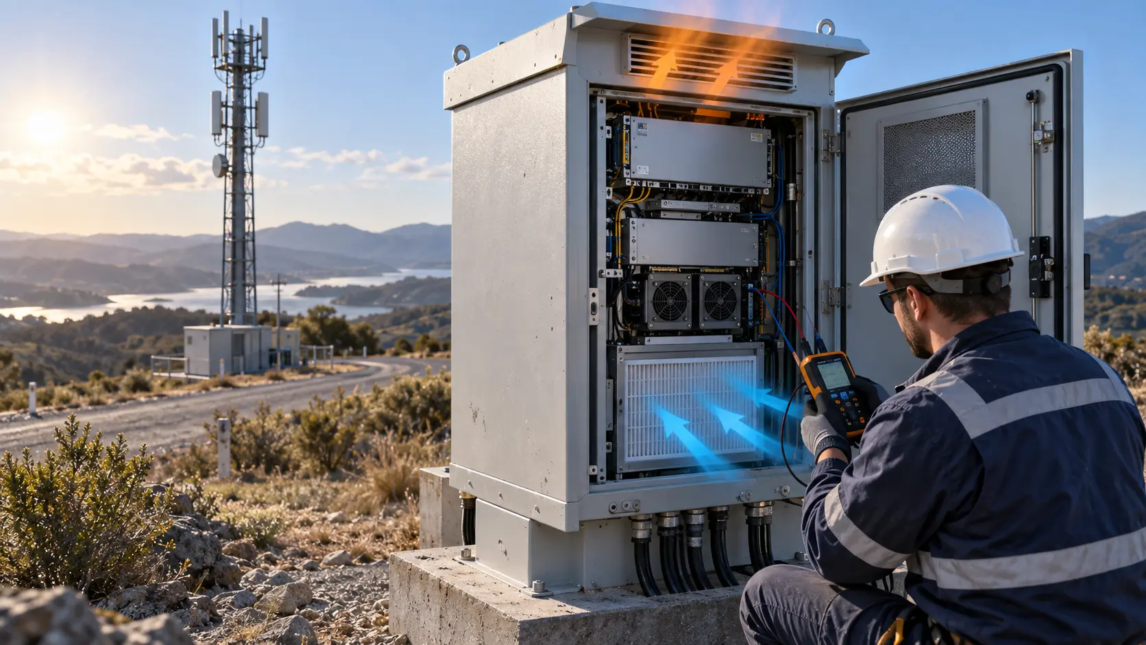 Field engineer measuring filtered airflow and temperature inside an outdoor 5G telecom cabinet