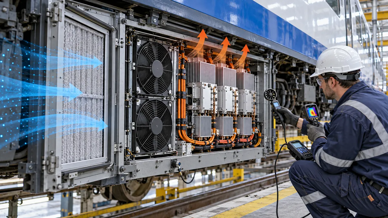 Engineer validating airflow and vibration inside a railway traction converter cabinet