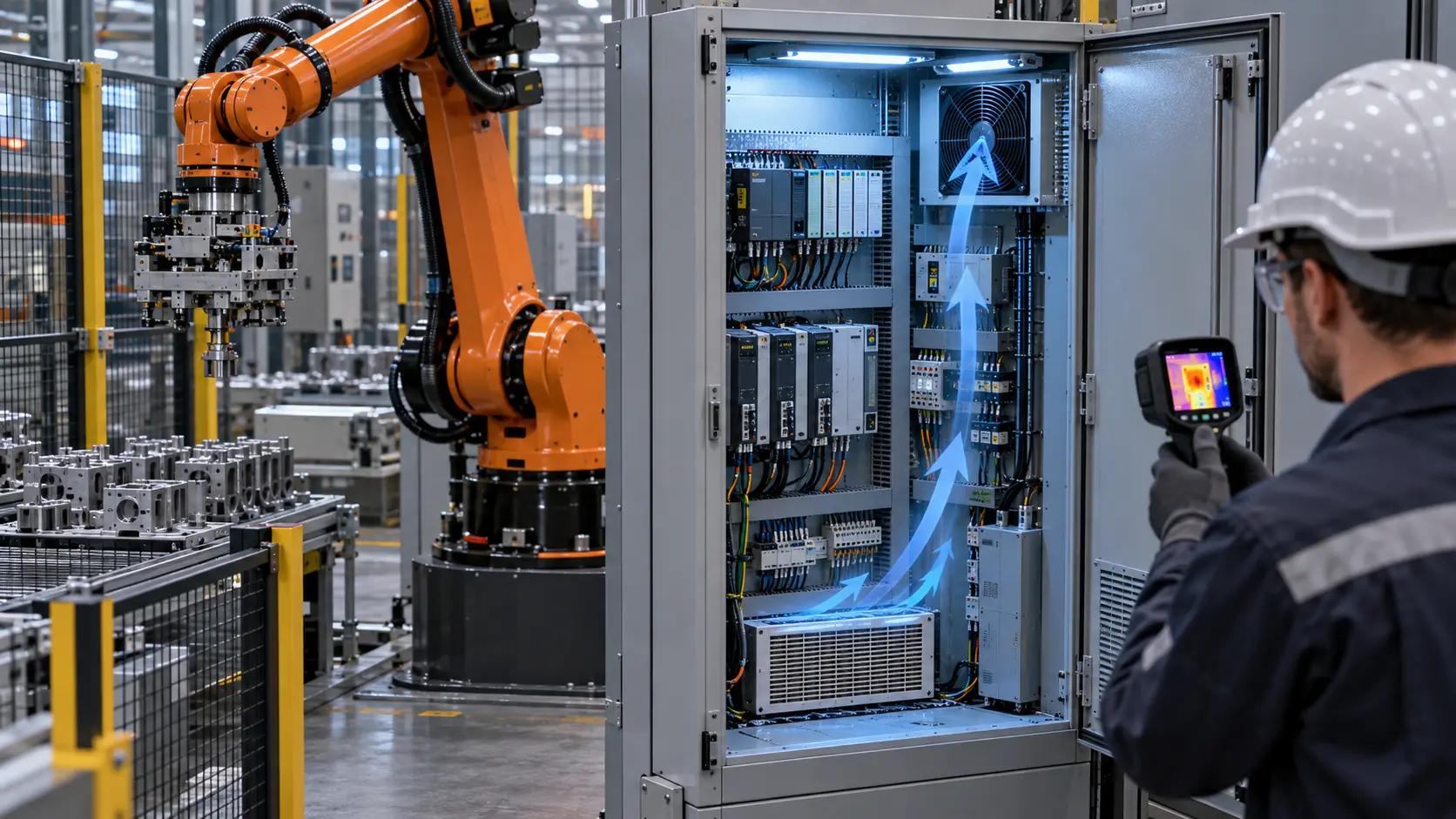 Industrial robot cell beside an open control cabinet with a filtered cooling fan and thermal inspection