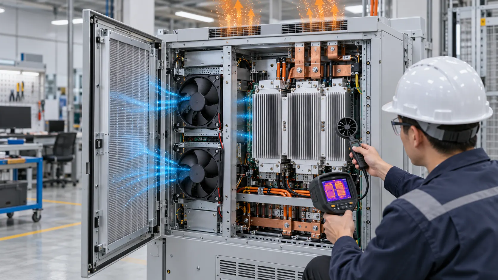 Engineer validating airflow and hotspot temperature inside an open solar inverter and PCS cooling cabinet