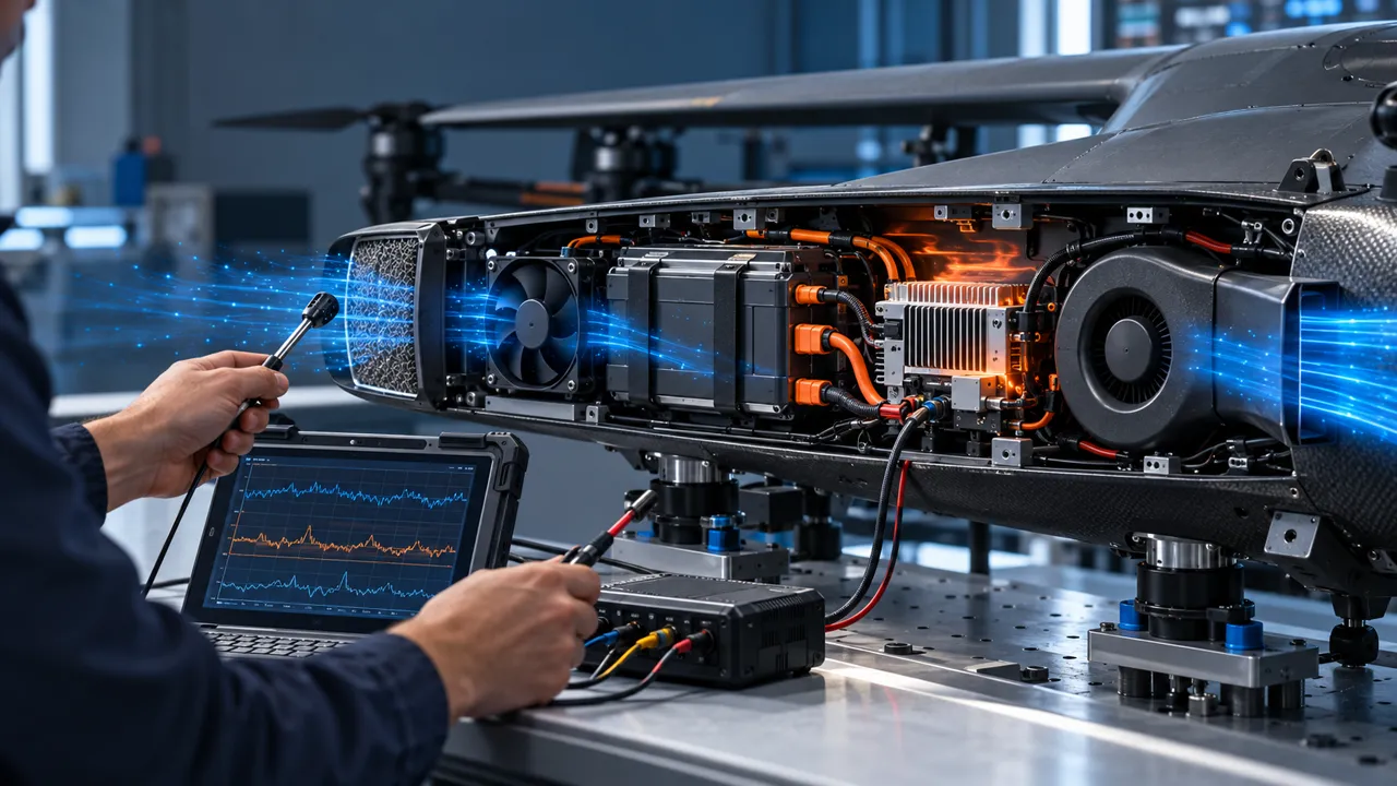 Engineer measuring airflow and temperature inside an open UAV battery and ESC cooling compartment