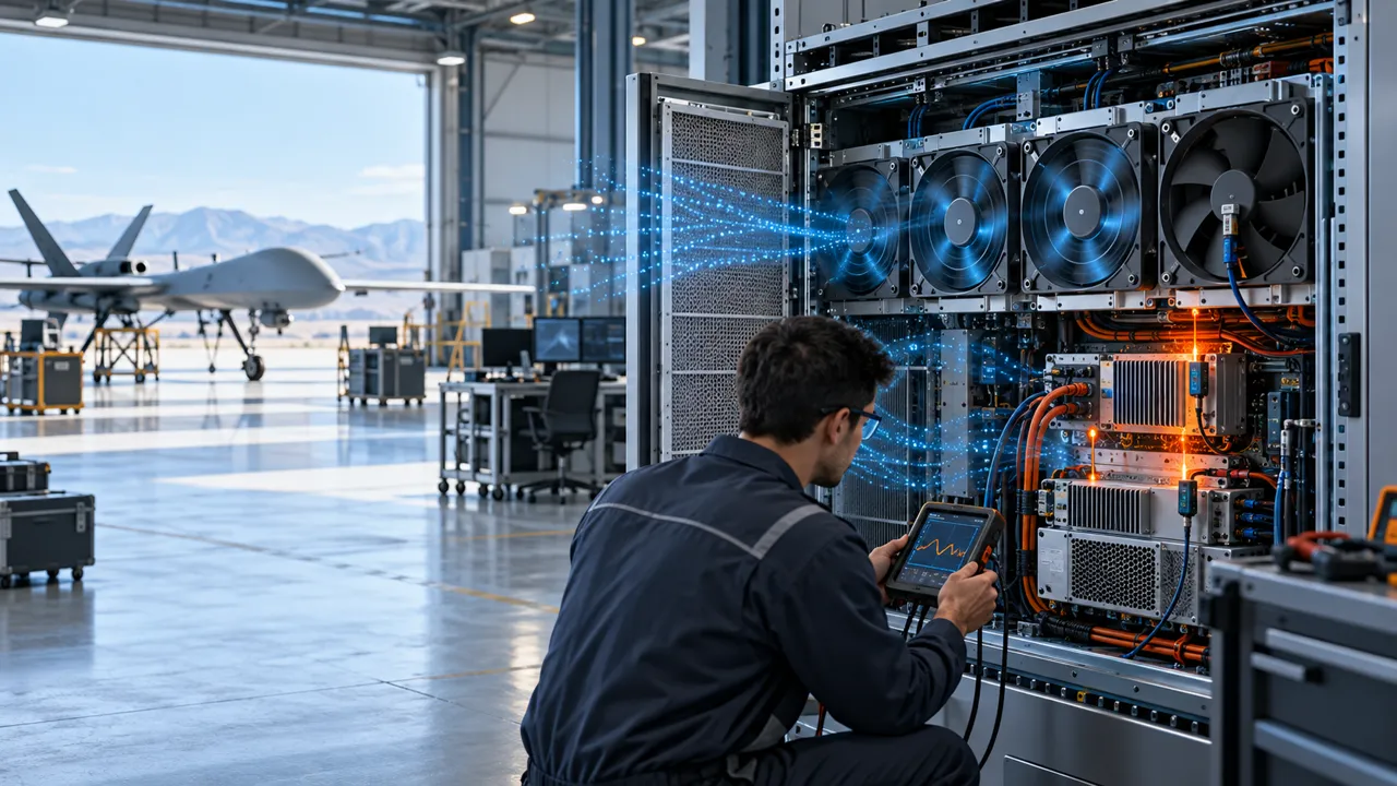 Engineer measuring filter pressure and fan redundancy inside a UAV ground station hangar rack