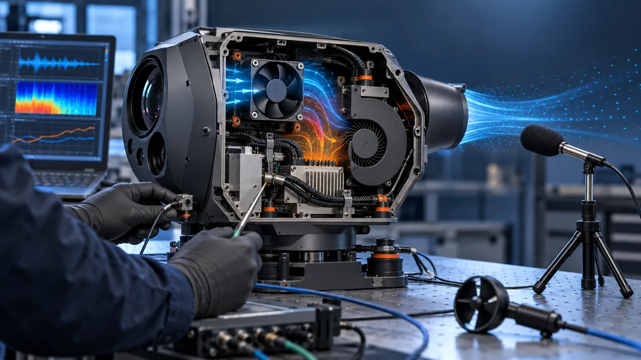 Engineer validating a cooling fan inside an open UAV electro-optical gimbal payload