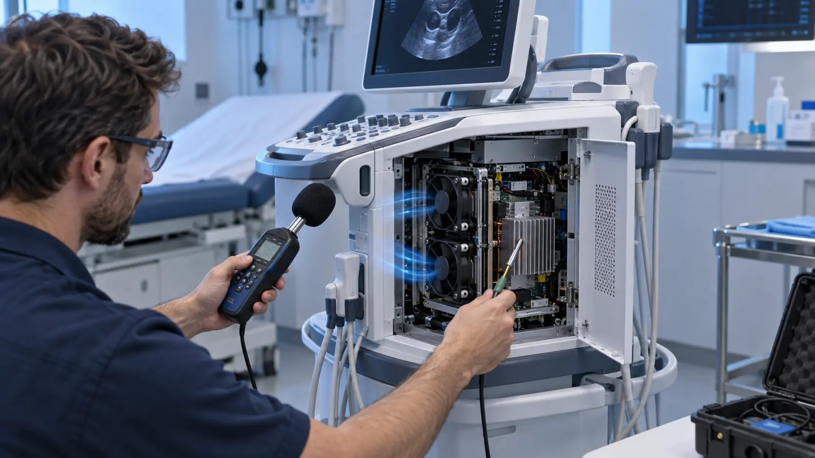 Engineer measuring airflow, temperature and acoustic noise inside a portable ultrasound system