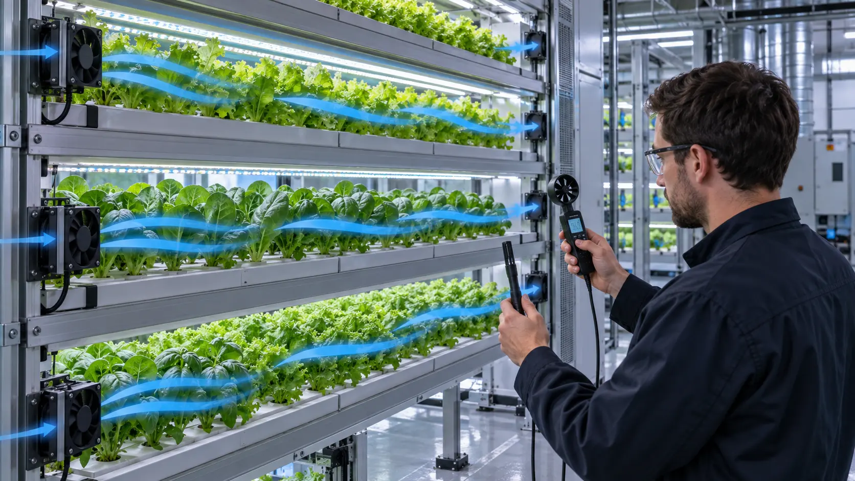 Vertical farm rack with airflow probes and circulation fans