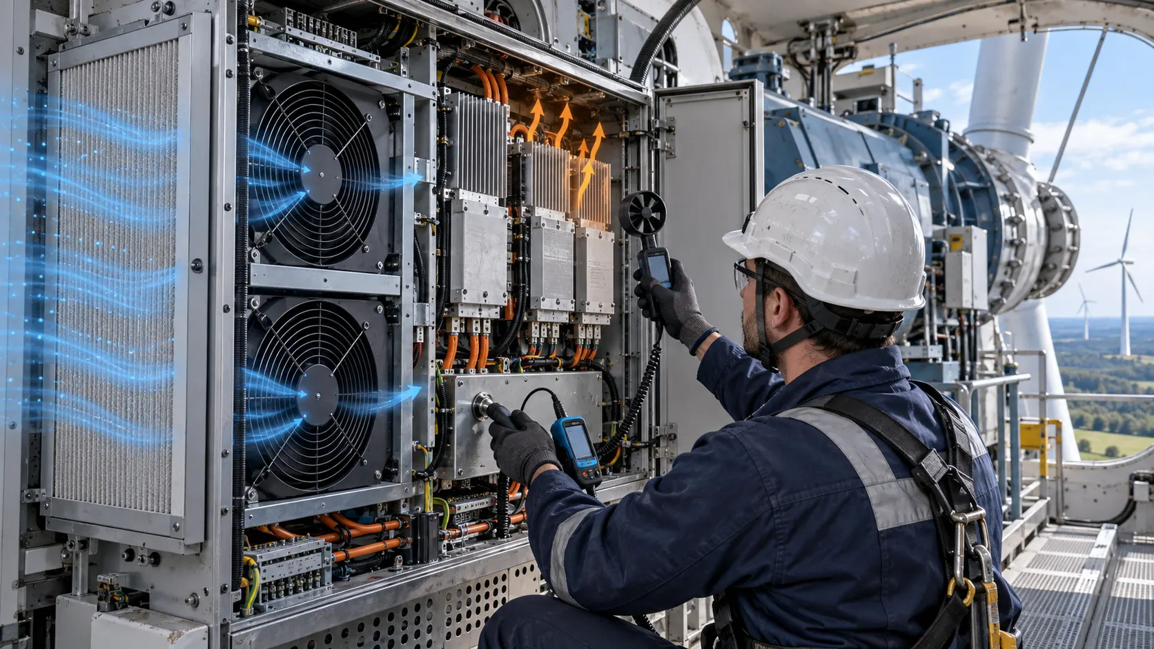 Engineer validating airflow and vibration inside a wind-turbine converter cabinet