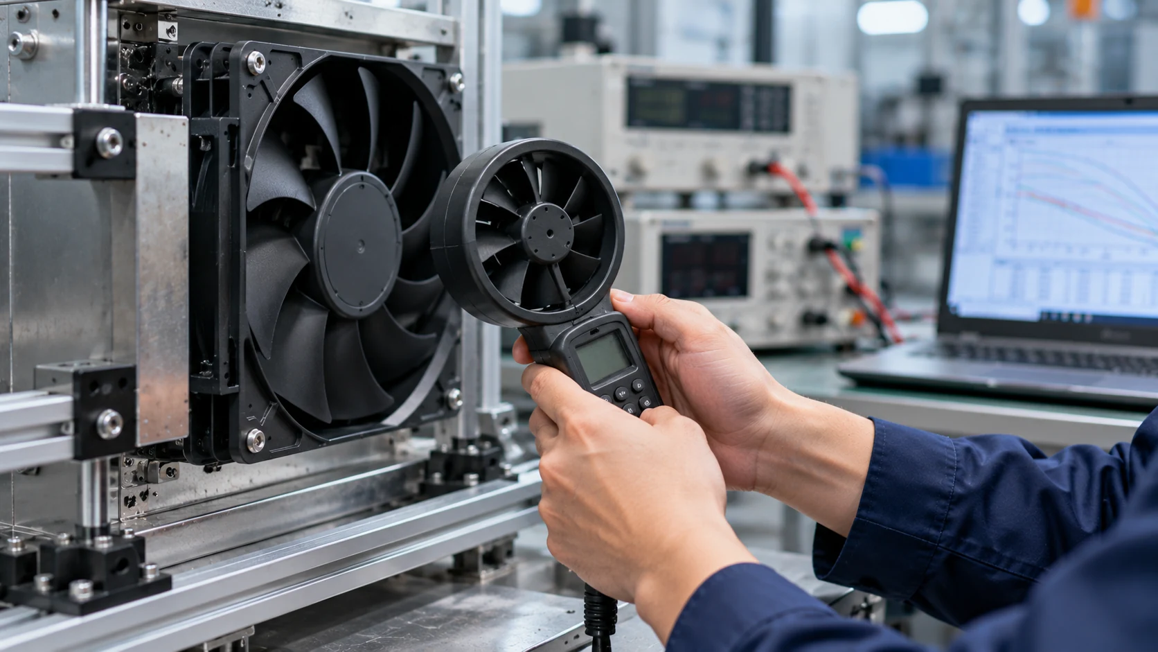 Handheld vane anemometer measuring airflow at a fan outlet on a test bench
