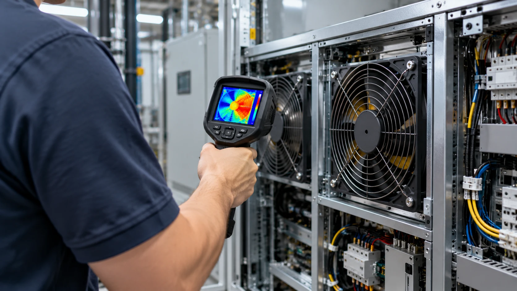 Engineer measuring a running cooling fan with a handheld thermal imaging camera