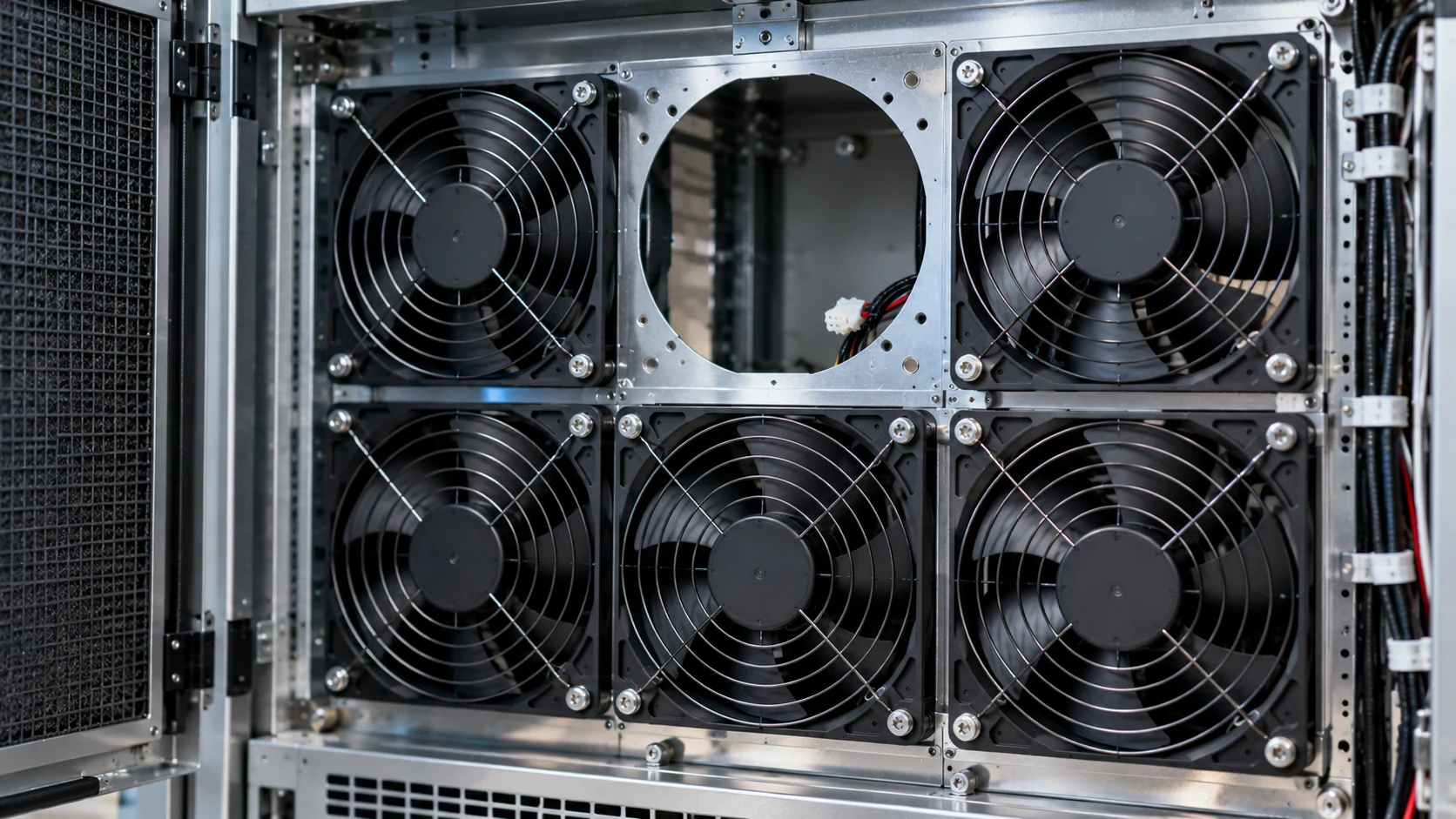 Fan wall with one fan removed, empty mounting slot visible