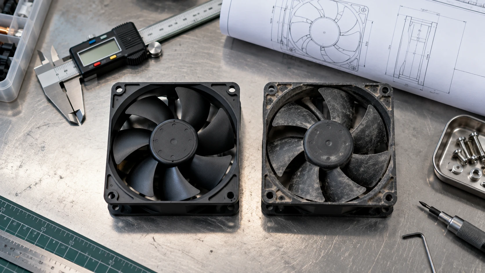 Two same-frame cooling fans on a workbench with a digital caliper and technical drawing