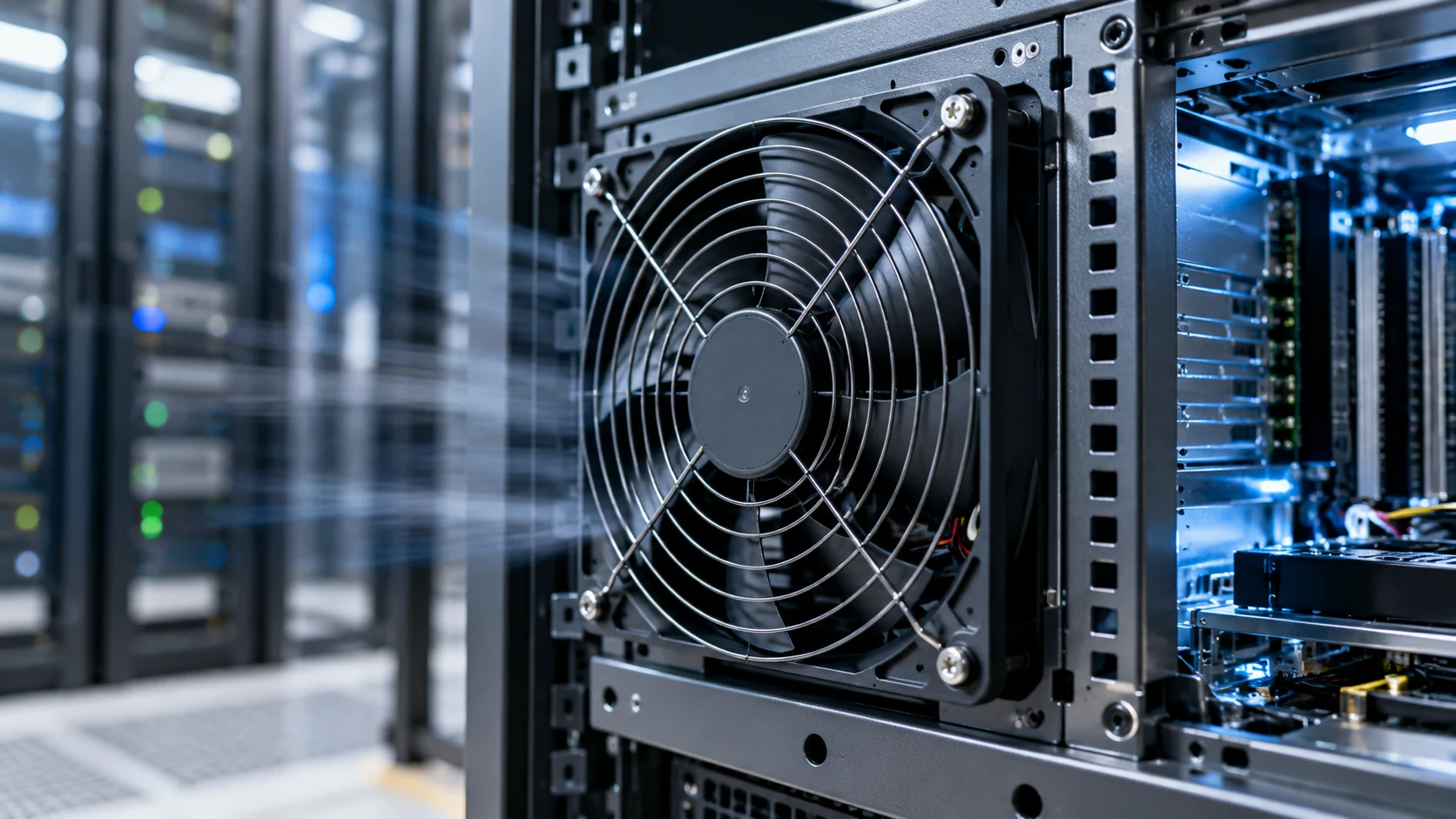 Axial cooling fan mounted on a server chassis air inlet, airflow path visible