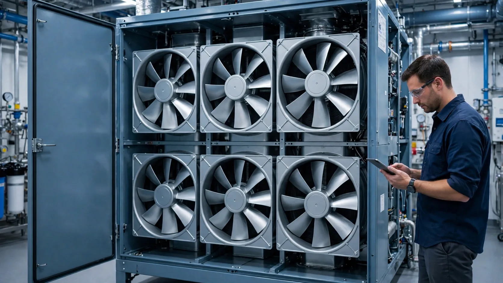 Engineer inspecting a retrofitted air handling unit with a parallel fan wall array inside the casing