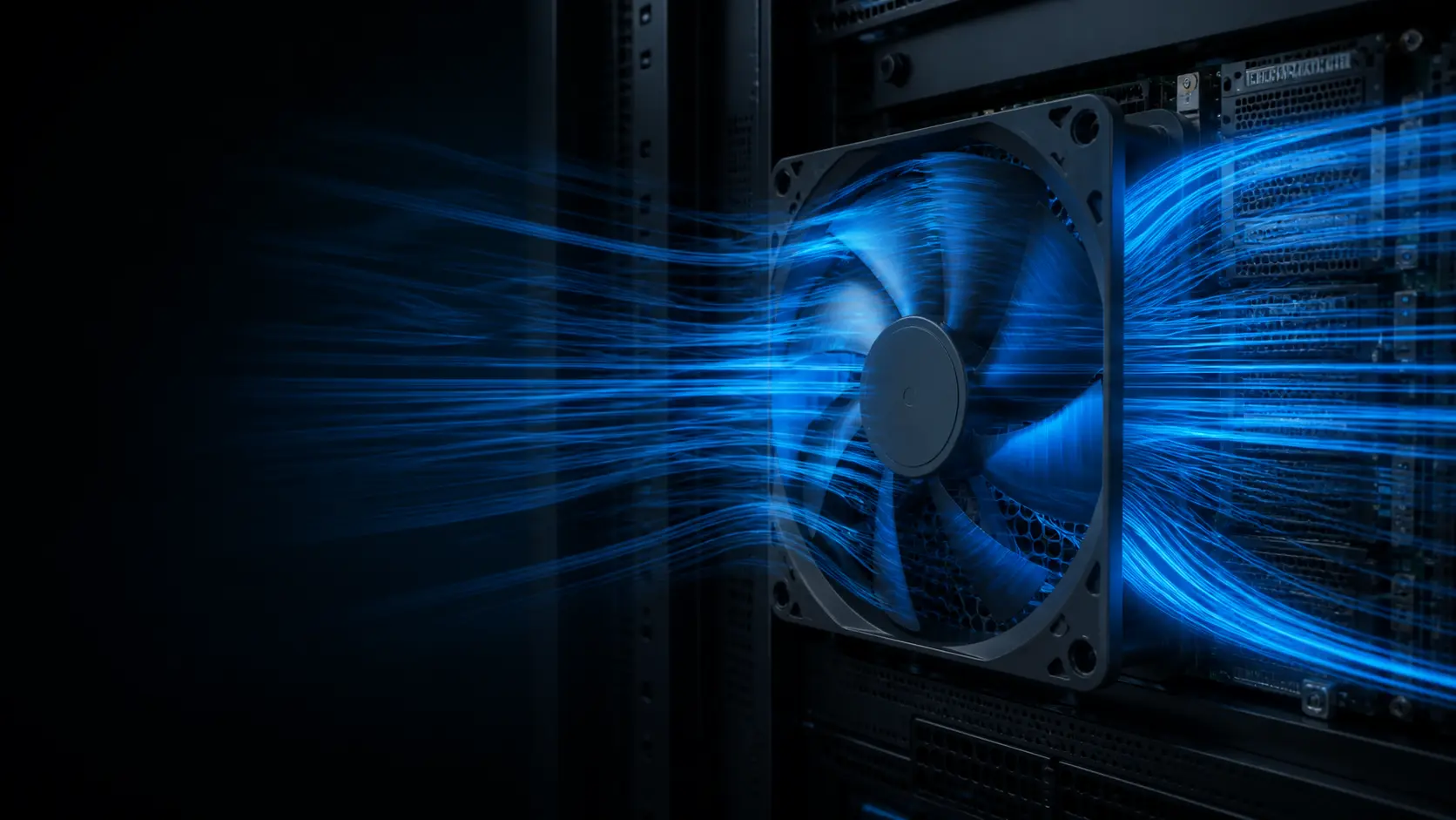 Three cooling fan types side by side — an axial fan, a forward-curved centrifugal blower and a backward-curved centrifugal fan — with airflow direction arrows through representative enclosure paths.