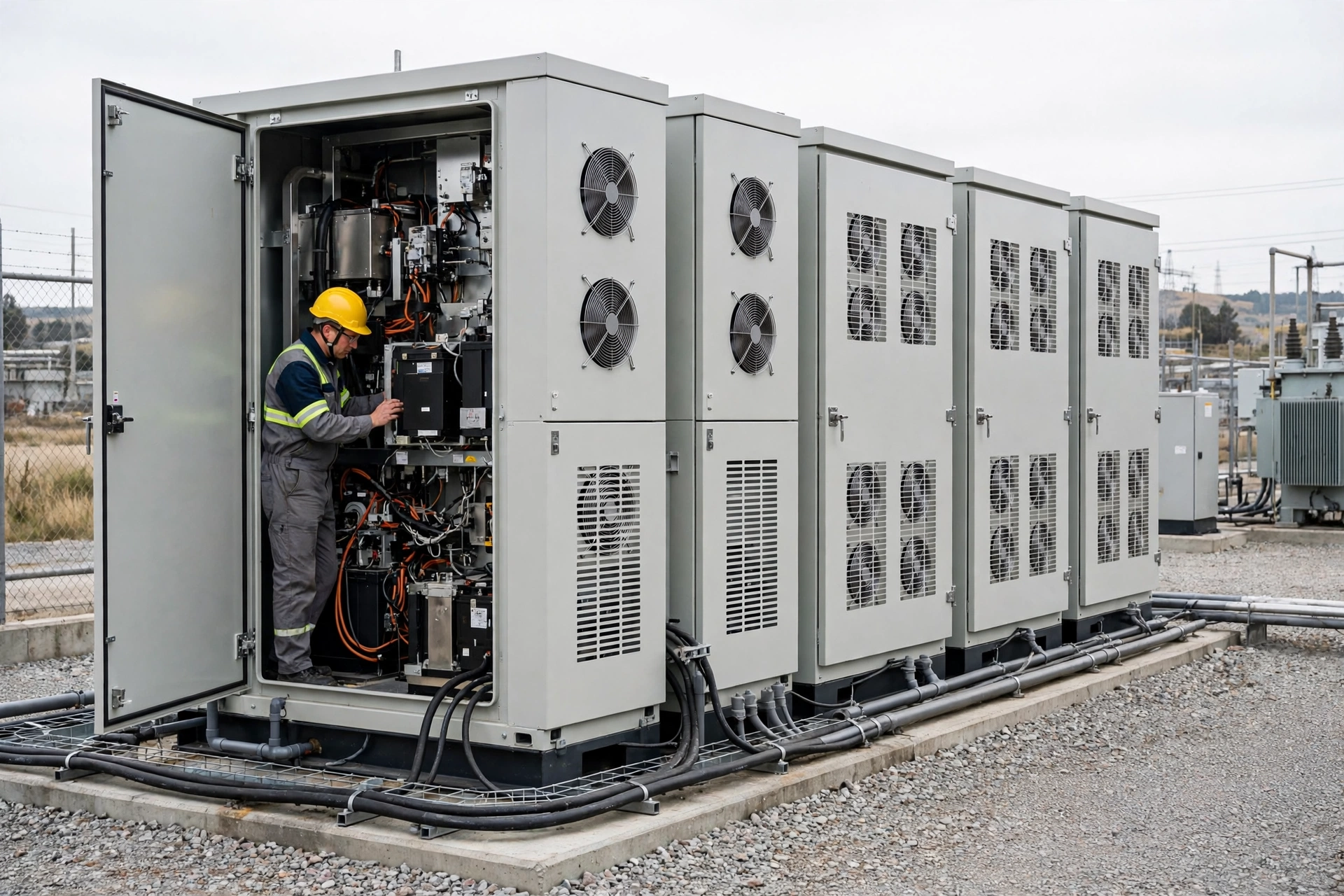 Outdoor battery energy storage cabinets with ventilation grilles and cooling fans, an engineer inspecting an open cabinet