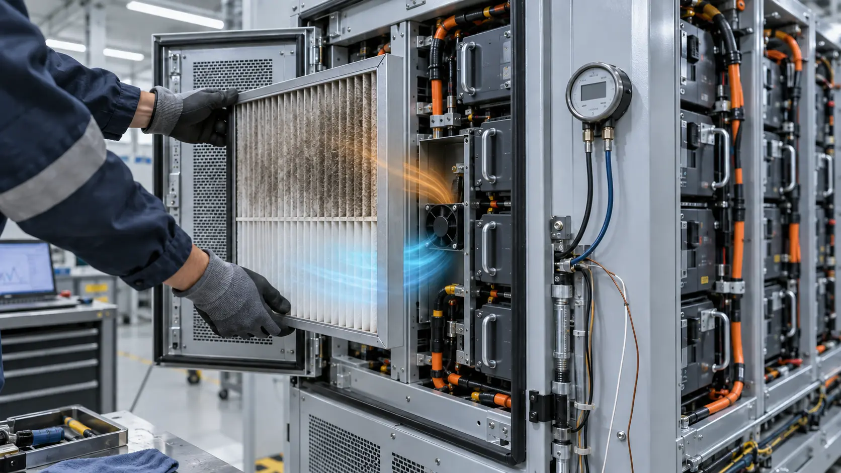 BESS cabinet technician replacing a loaded intake filter beside a cooling fan and differential pressure gauge