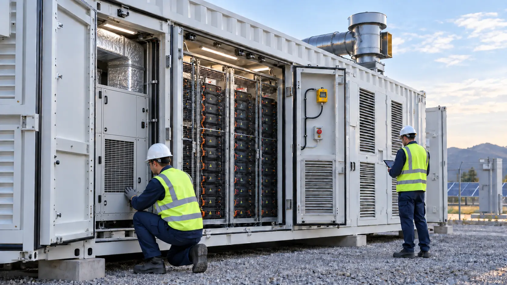 Containerized BESS with internal HVAC module, battery racks, gas detector and a separate emergency exhaust duct