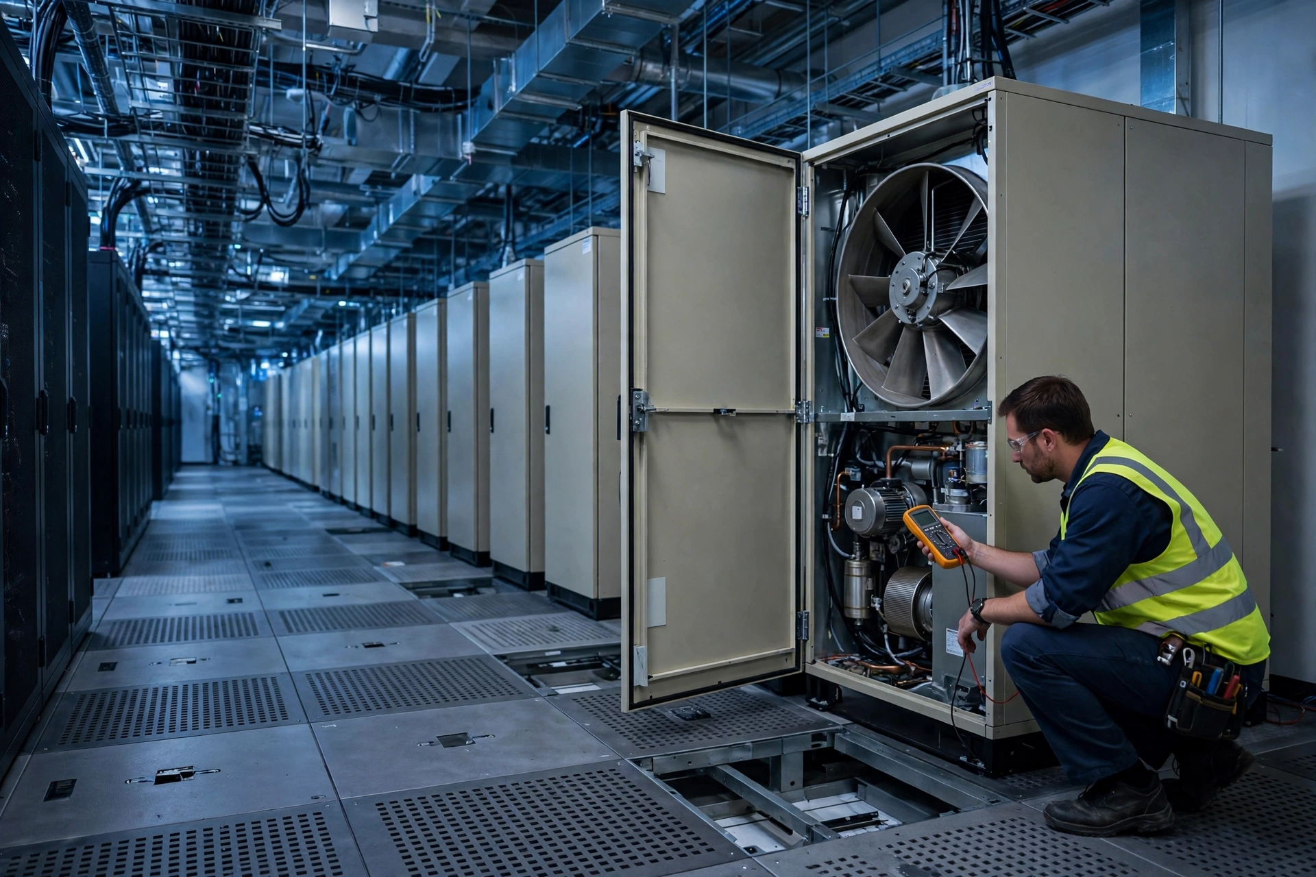 Engineer measuring a CRAC unit with its front panel open, revealing a large fan inside, in a data center hall