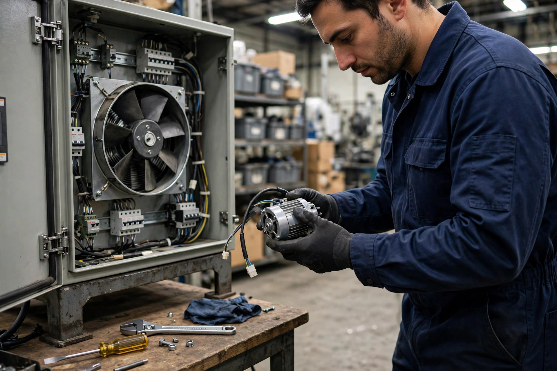 Engineer holding a replacement fan motor module in front of an open control cabinet with a large axial fan