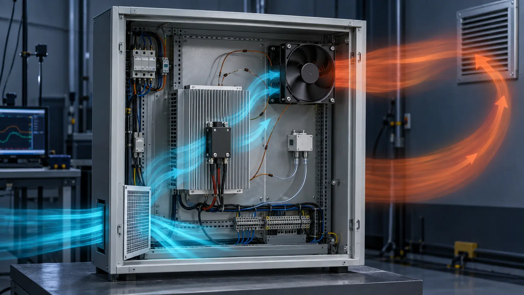 Industrial electronics control cabinet with filtered lower intake, upper exhaust fan, heat sink and illustrated blue supply airflow plus an orange external recirculation loop