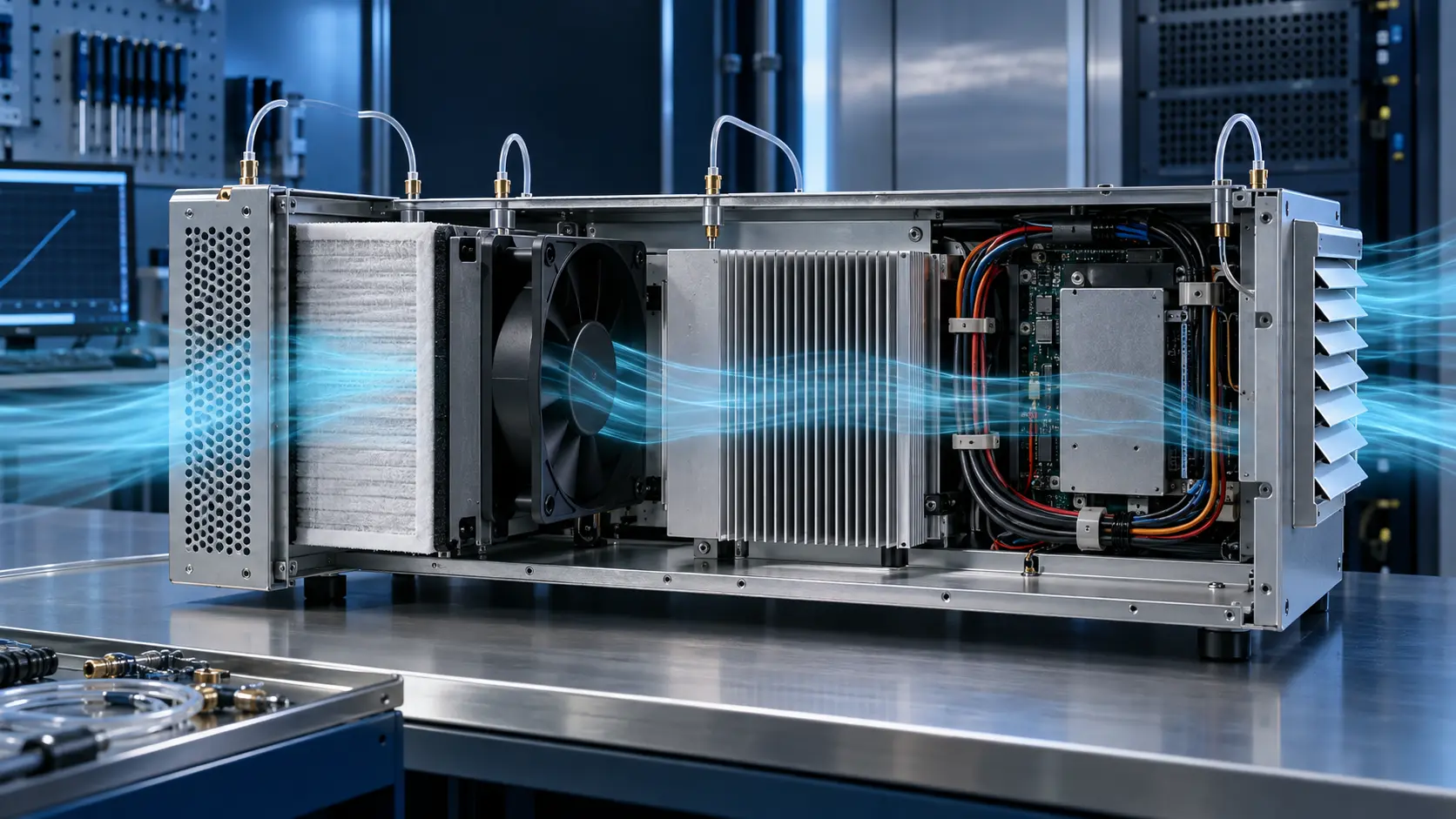 Cutaway electronics enclosure showing intake grille, filter, cooling fan, heatsink, cable routing and exhaust louvre in one airflow path