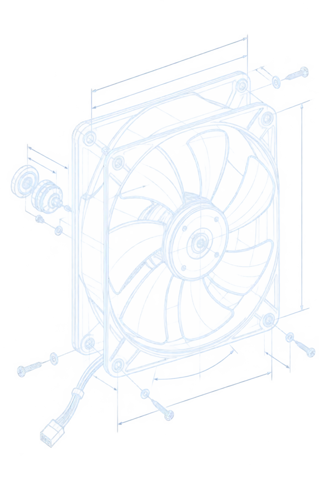 Three cooling fan catalogues from different manufacturers open on an engineer's bench next to a measured fan sample, illustrating one replacement method reading all three catalogues.