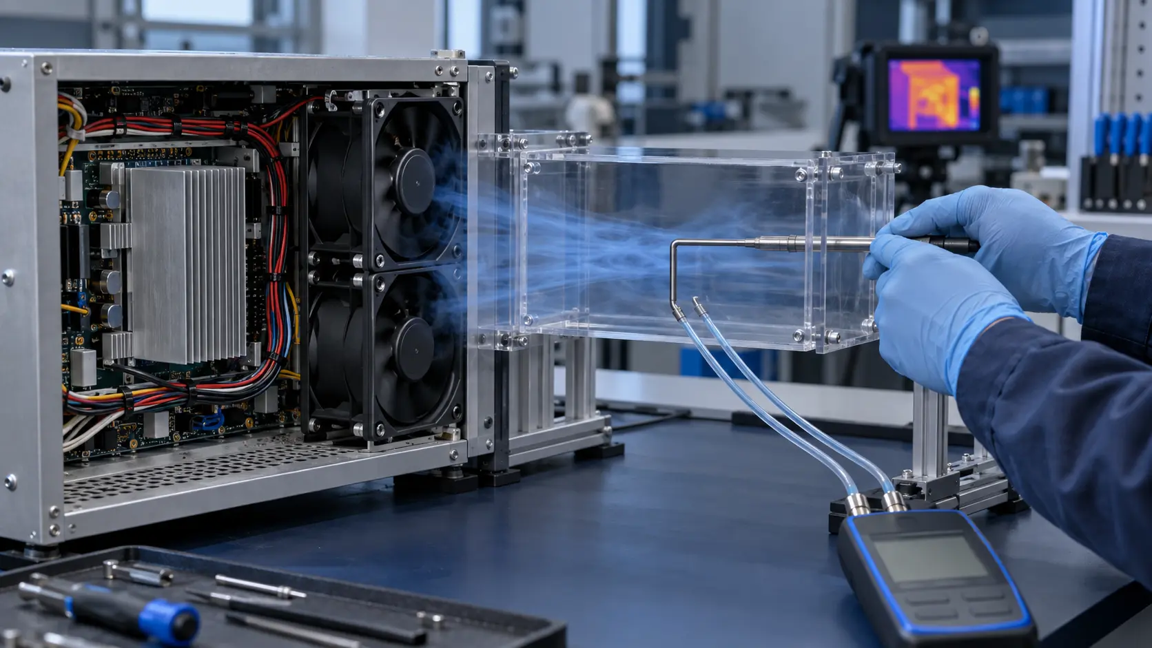 Thermal engineering lab measuring airflow from a cooling fan enclosure with a pitot probe and differential pressure instrument