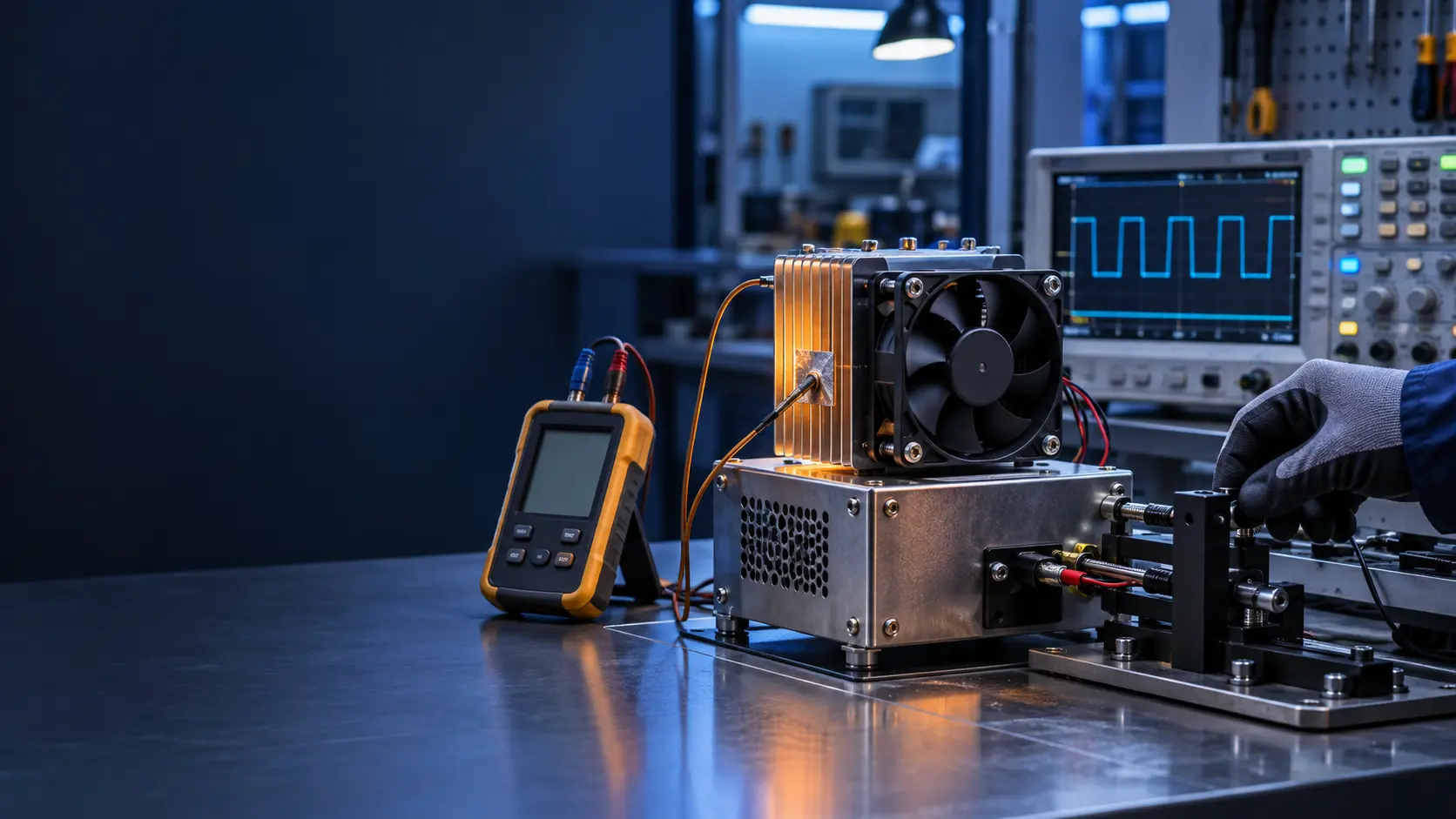 Engineer measuring a cooling fan, PWM command and temperature at an electronics test bench