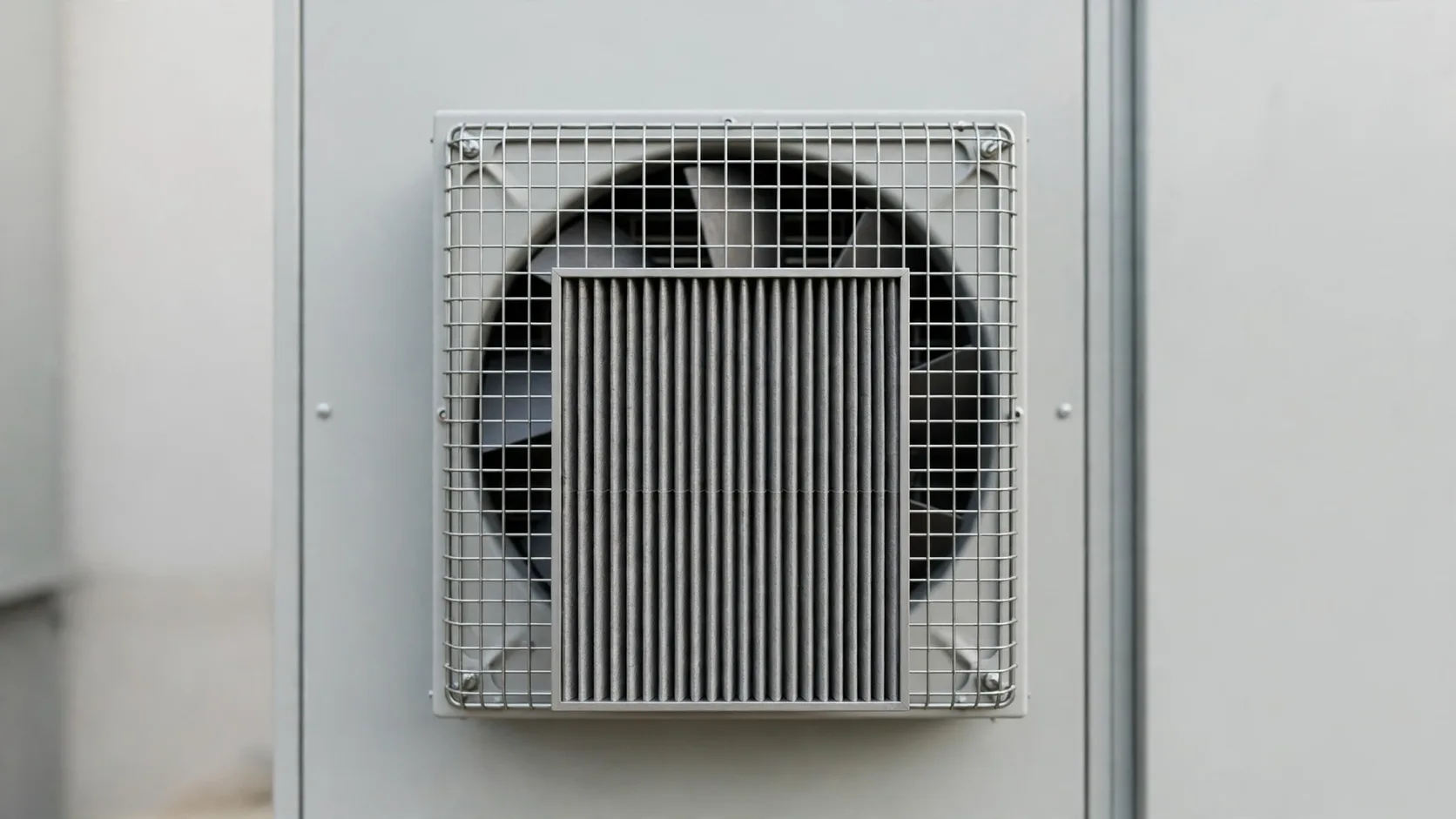 Cooling fan behind a wire finger guard and a pleated inlet filter mounted on an enclosure