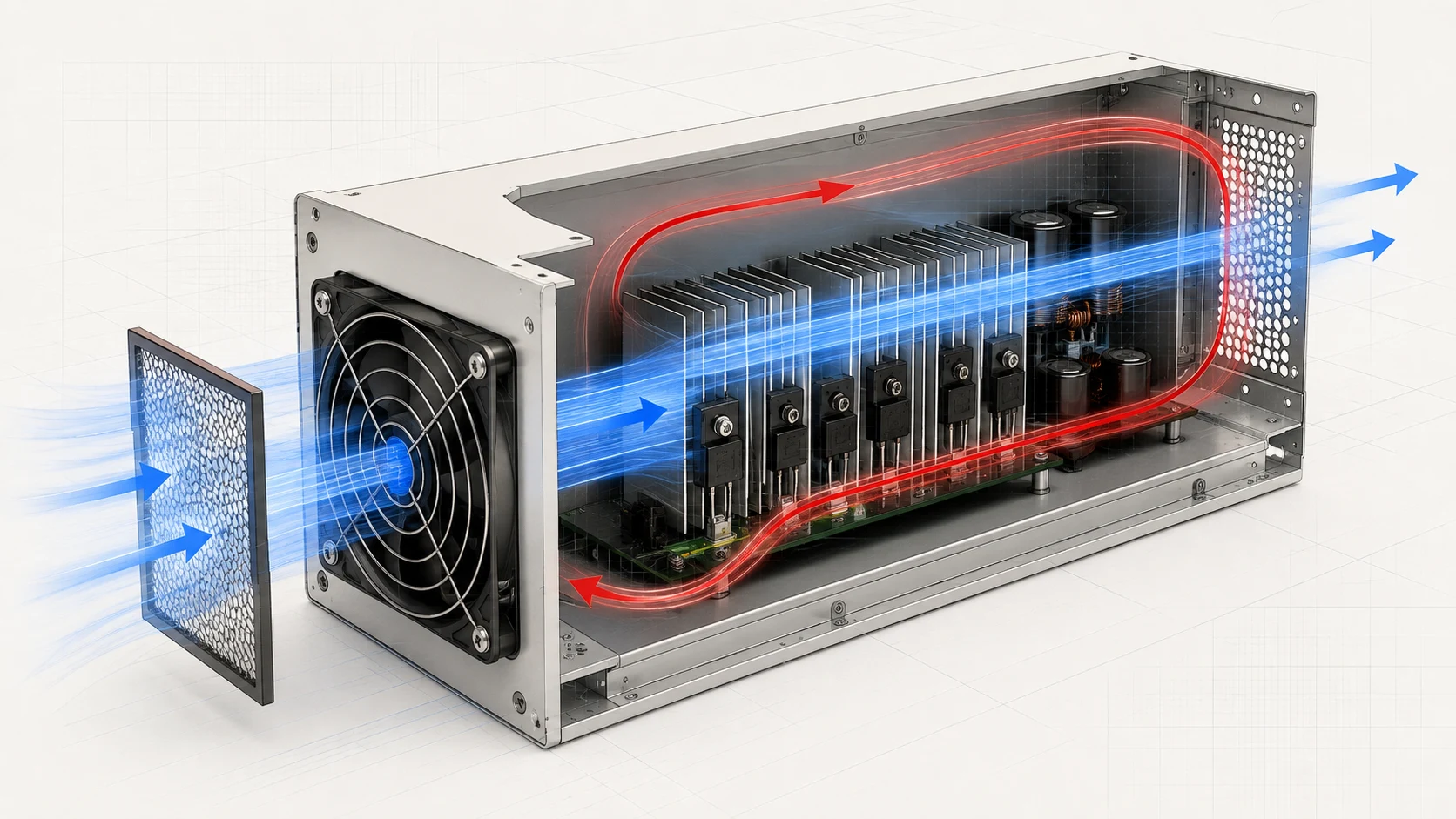 Cutaway of an electronics enclosure showing an intake fan, heat sinks, and a red recirculation loop indicating an airflow short-circuit