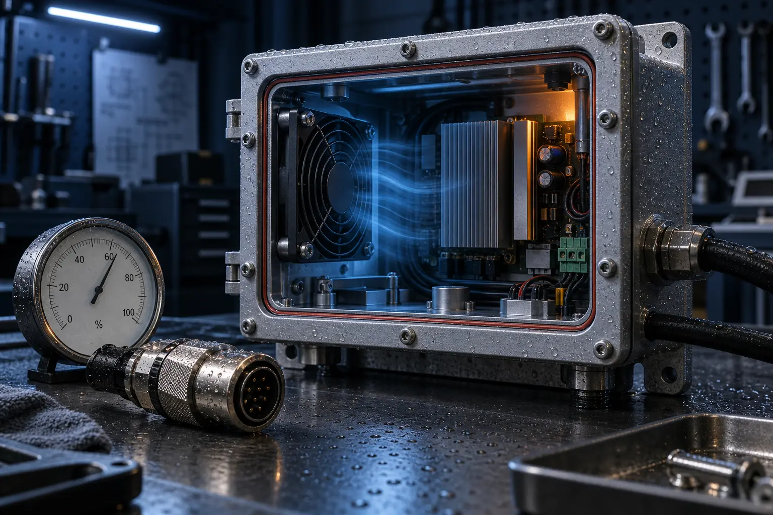 Sealed industrial electronics enclosure with cooling fan, dust, water droplets and environmental instruments