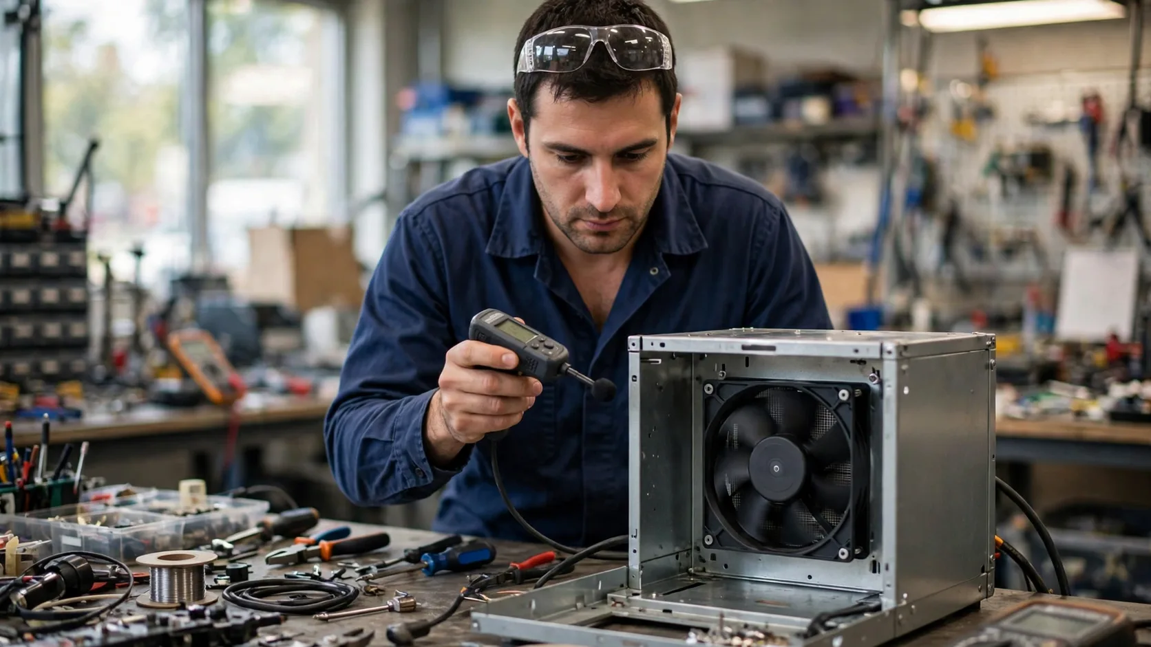 Engineer measuring the noise of a cooling fan installed in an enclosure with a handheld sound level meter in a test lab